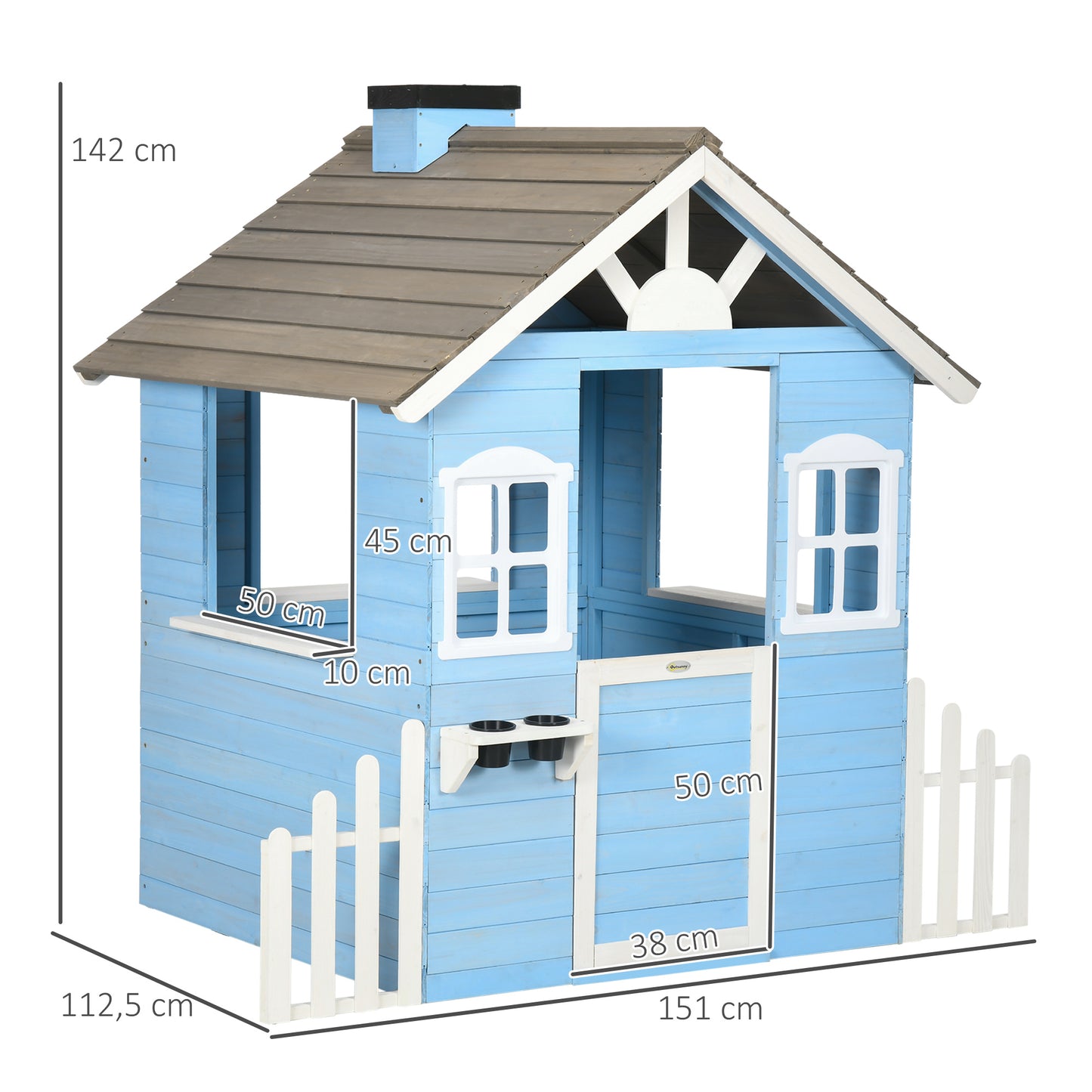 Outsunny Casita Infantil de Madera Casa de Juegos Exterior para Niños de 3-7 Años con Puerta Ventanas Macetas y Vallas Laterales 151x112,5x142 cm Azul