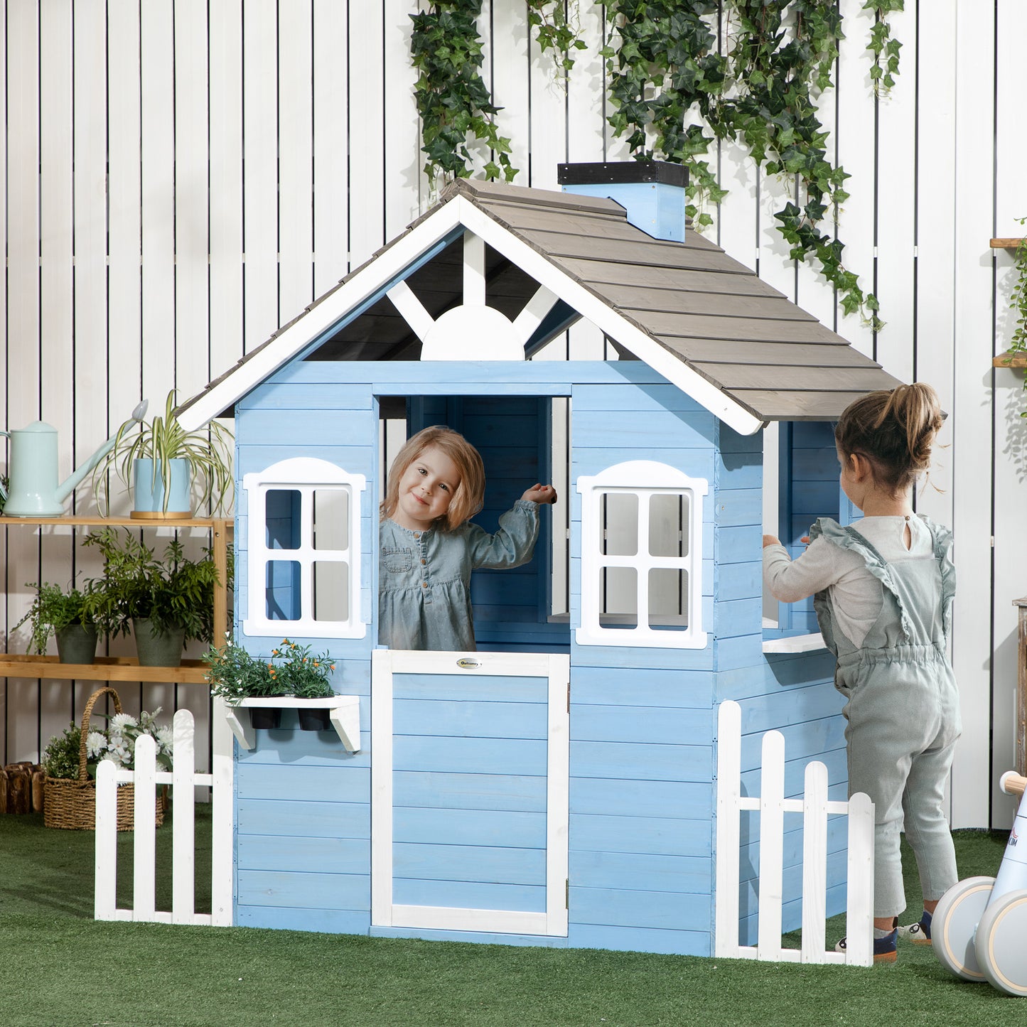 Outsunny Casita Infantil de Madera Casa de Juegos Exterior para Niños de 3-7 Años con Puerta Ventanas Macetas y Vallas Laterales 151x112,5x142 cm Azul