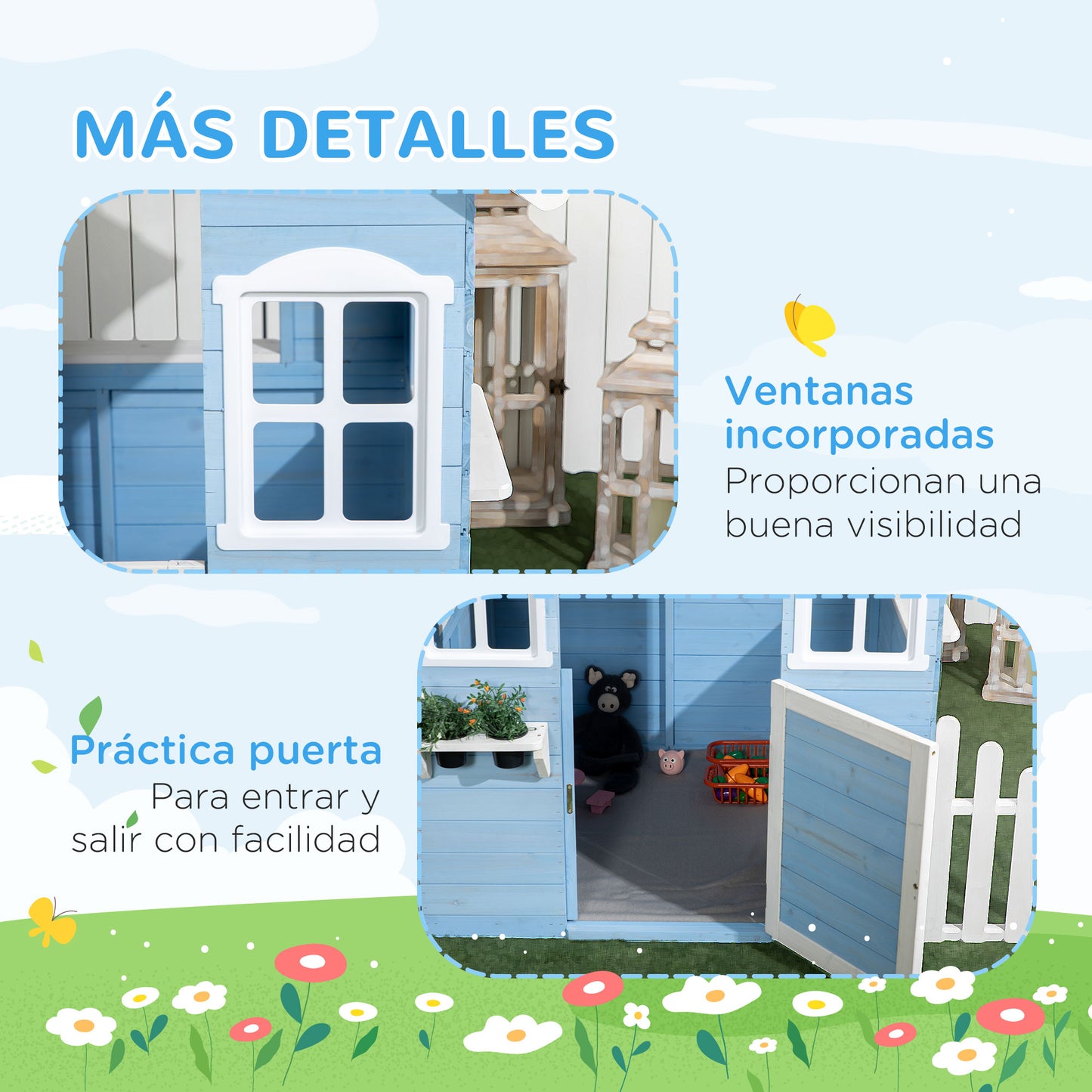 Outsunny Casita Infantil de Madera Casa de Juegos Exterior para Niños de 3-7 Años con Puerta Ventanas Macetas y Vallas Laterales 151x112,5x142 cm Azul