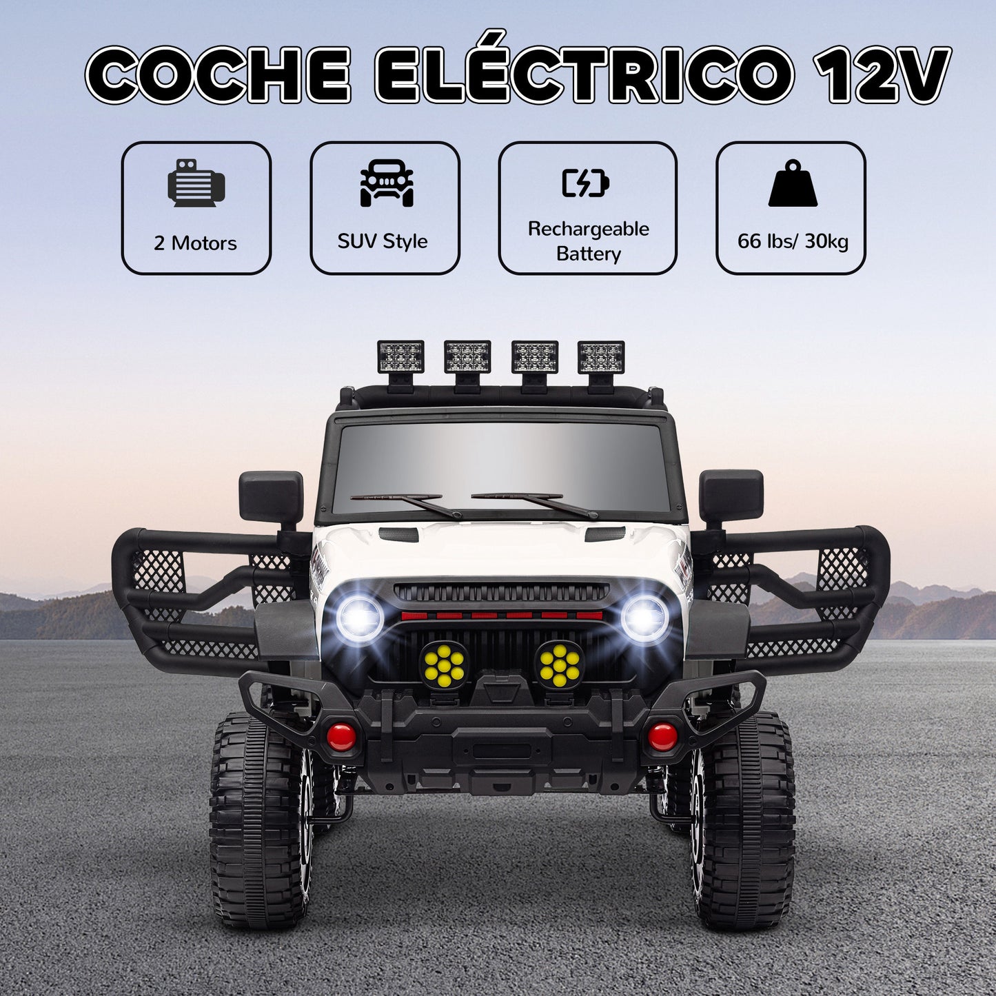 AIYAPLAY Coche Eléctrico para Niños de +3 Años Carro Eléctrico Infantil Todoterreno de Batería 12V con Mando a Distancia Bluetooth Faros LED Bocina Música Blanco