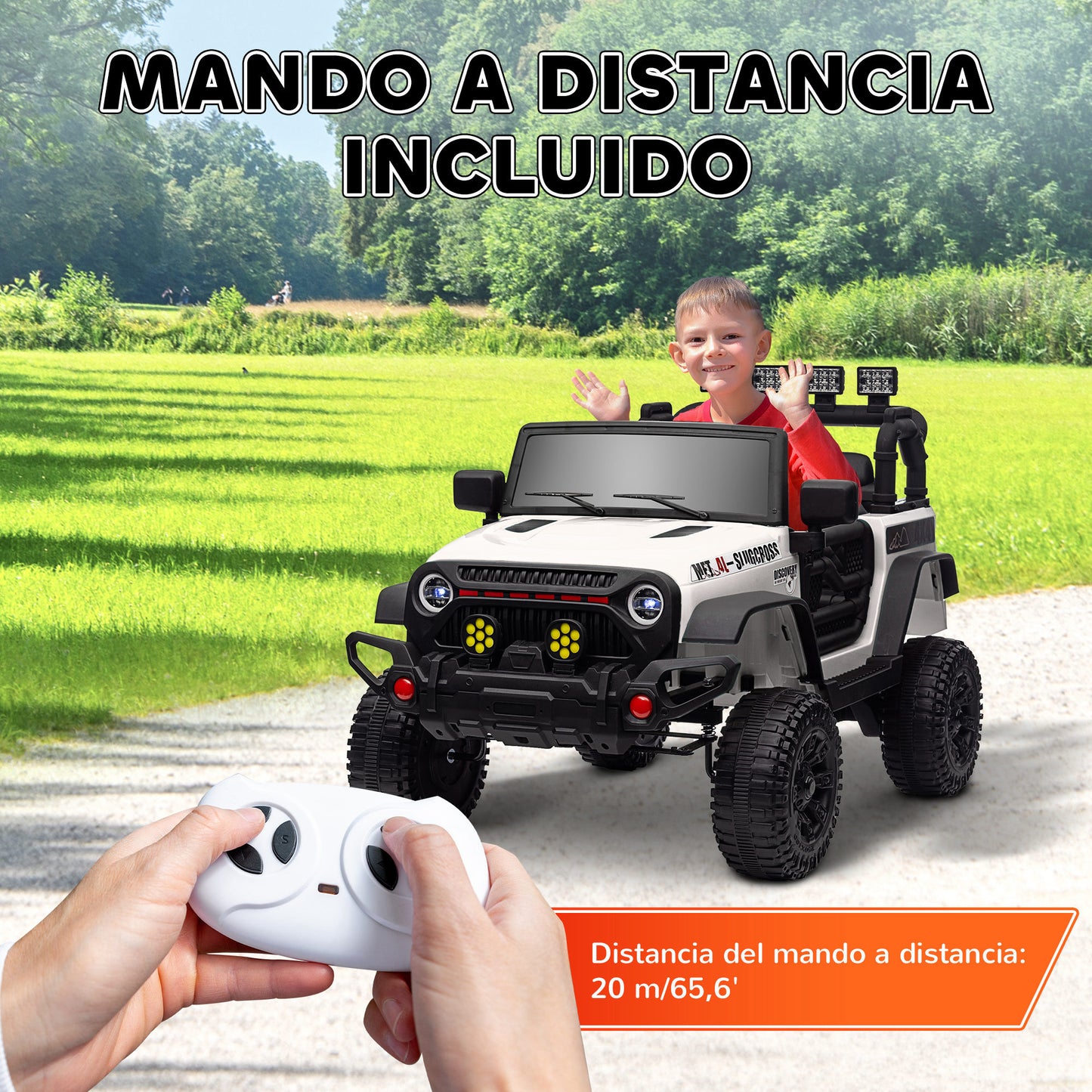 AIYAPLAY Coche Eléctrico para Niños de +3 Años Carro Eléctrico Infantil Todoterreno de Batería 12V con Mando a Distancia Bluetooth Faros LED Bocina Música Blanco