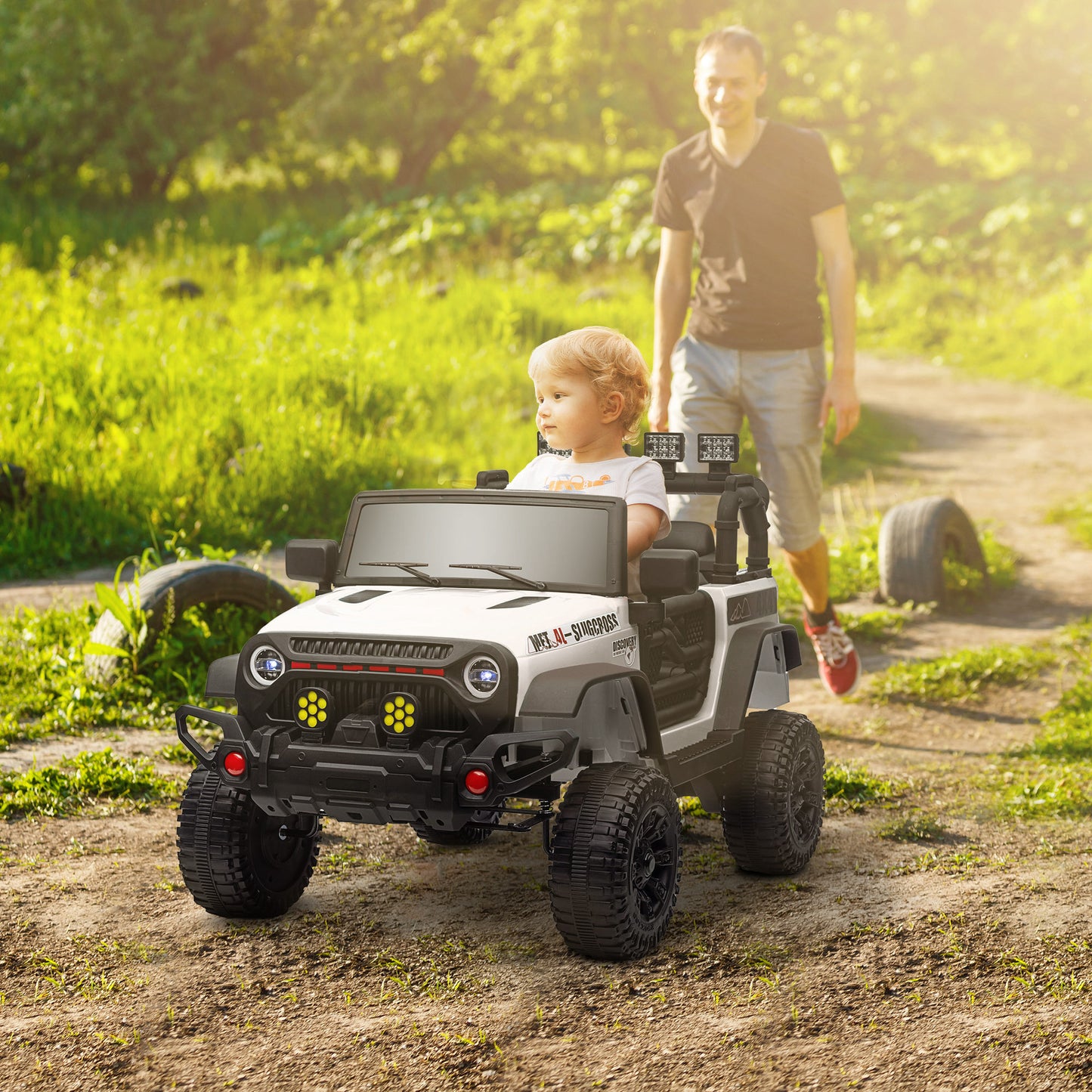 AIYAPLAY Coche Eléctrico para Niños de +3 Años Carro Eléctrico Infantil Todoterreno de Batería 12V con Mando a Distancia Bluetooth Faros LED Bocina Música Blanco