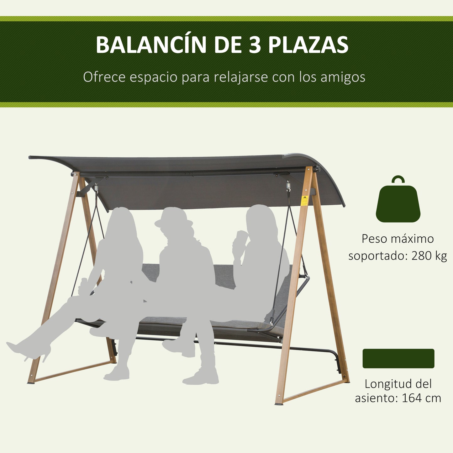 Outsunny Columpio Balancín de Jardín de 3 Plazas con Techo Ajustable Asiento Acolchado y Marco de Acero para Patio Terraza Exterior Carga 280 kg 224x133x173 cm Gris