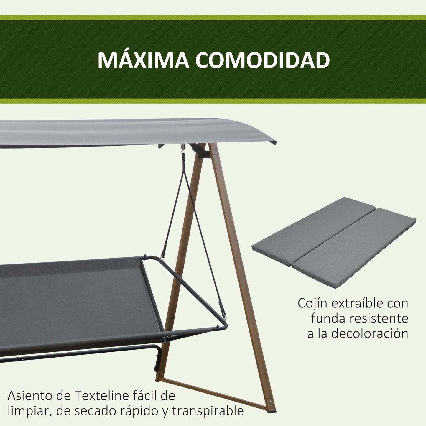 Outsunny Columpio Balancín de Jardín de 3 Plazas con Techo Ajustable Asiento Acolchado y Marco de Acero para Patio Terraza Exterior Carga 280 kg 224x133x173 cm Gris