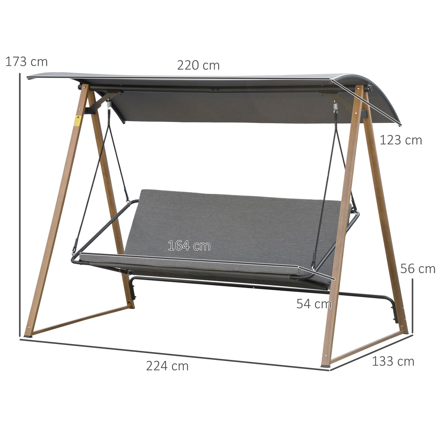 Outsunny Columpio Balancín de Jardín de 3 Plazas con Techo Ajustable Asiento Acolchado y Marco de Acero para Patio Terraza Exterior Carga 280 kg 224x133x173 cm Gris