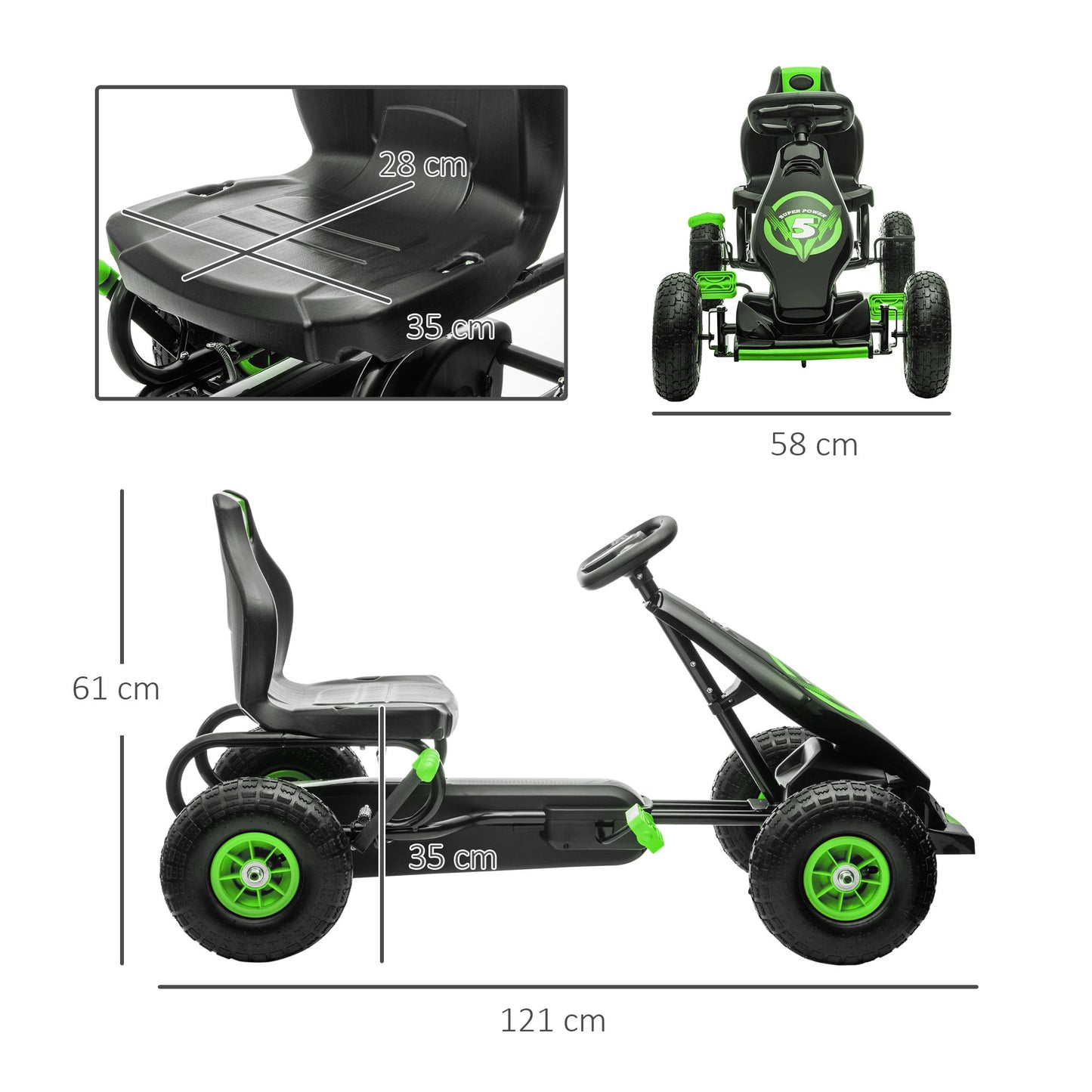 HOMCOM Kart Pedales Coche de Pedales para Niños de 5-12 Años con Asiento Ajustable Neumáticos Inflables Amortiguador y Freno de Mano Carga 50 kg Verde