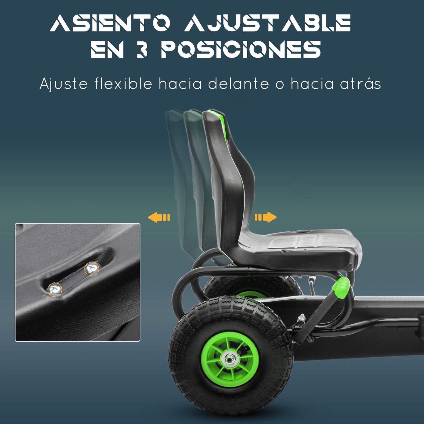 HOMCOM Kart Pedales Coche de Pedales para Niños de 5-12 Años con Asiento Ajustable Neumáticos Inflables Amortiguador y Freno de Mano Carga 50 kg Verde