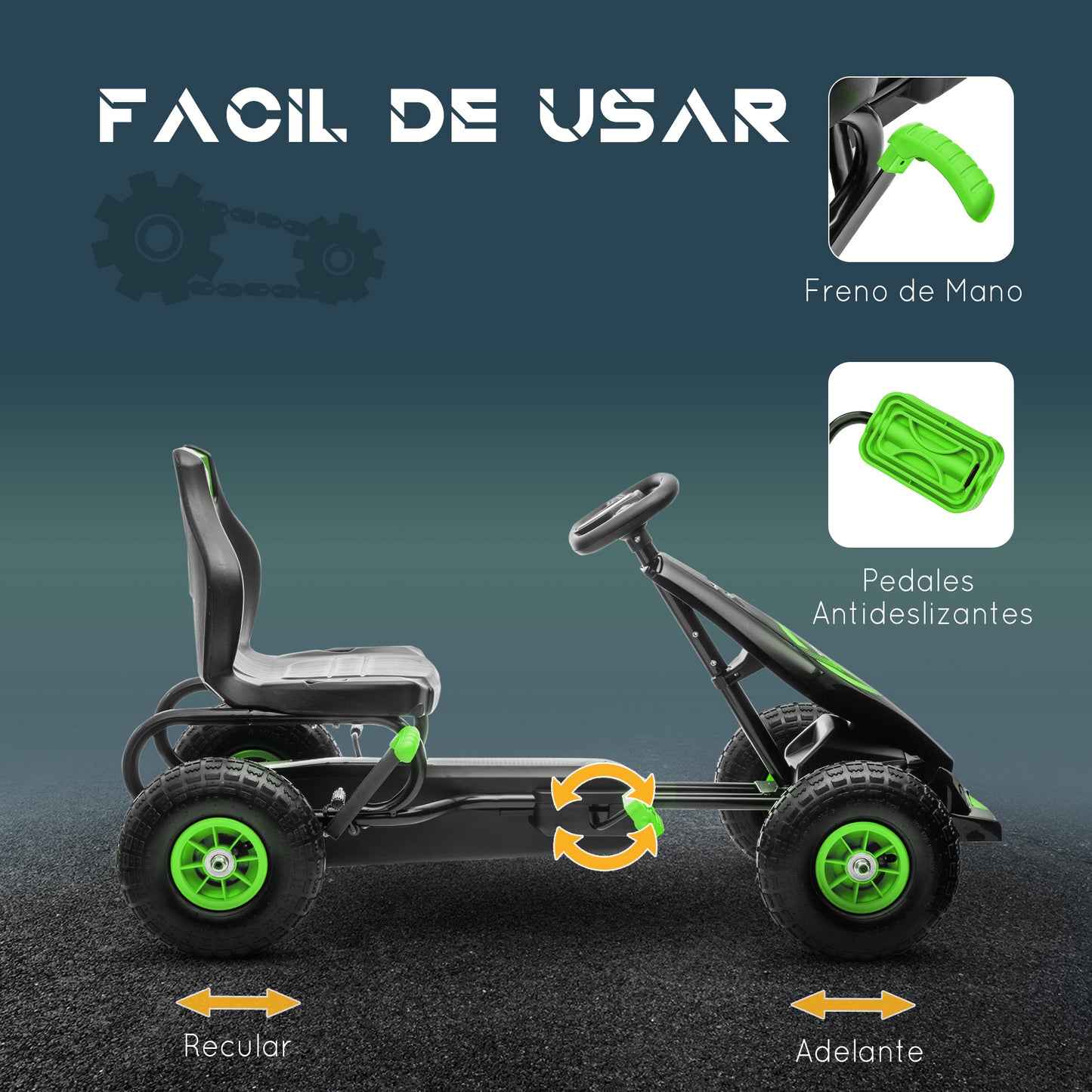 HOMCOM Kart Pedales Coche de Pedales para Niños de 5-12 Años con Asiento Ajustable Neumáticos Inflables Amortiguador y Freno de Mano Carga 50 kg Verde