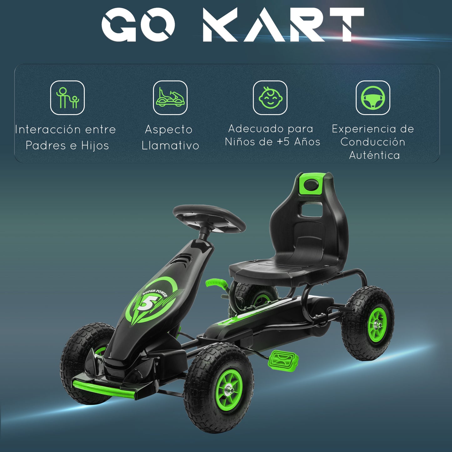 HOMCOM Kart Pedales Coche de Pedales para Niños de 5-12 Años con Asiento Ajustable Neumáticos Inflables Amortiguador y Freno de Mano Carga 50 kg Verde