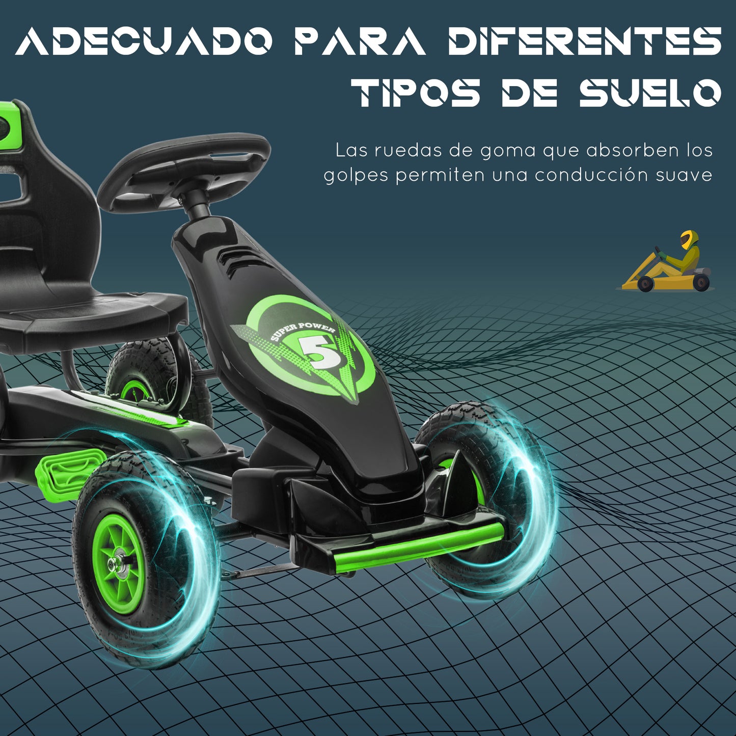 HOMCOM Kart Pedales Coche de Pedales para Niños de 5-12 Años con Asiento Ajustable Neumáticos Inflables Amortiguador y Freno de Mano Carga 50 kg Verde