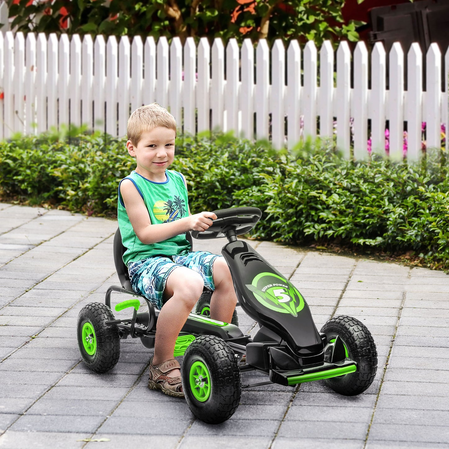 HOMCOM Kart Pedales Coche de Pedales para Niños de 5-12 Años con Asiento Ajustable Neumáticos Inflables Amortiguador y Freno de Mano Carga 50 kg Verde