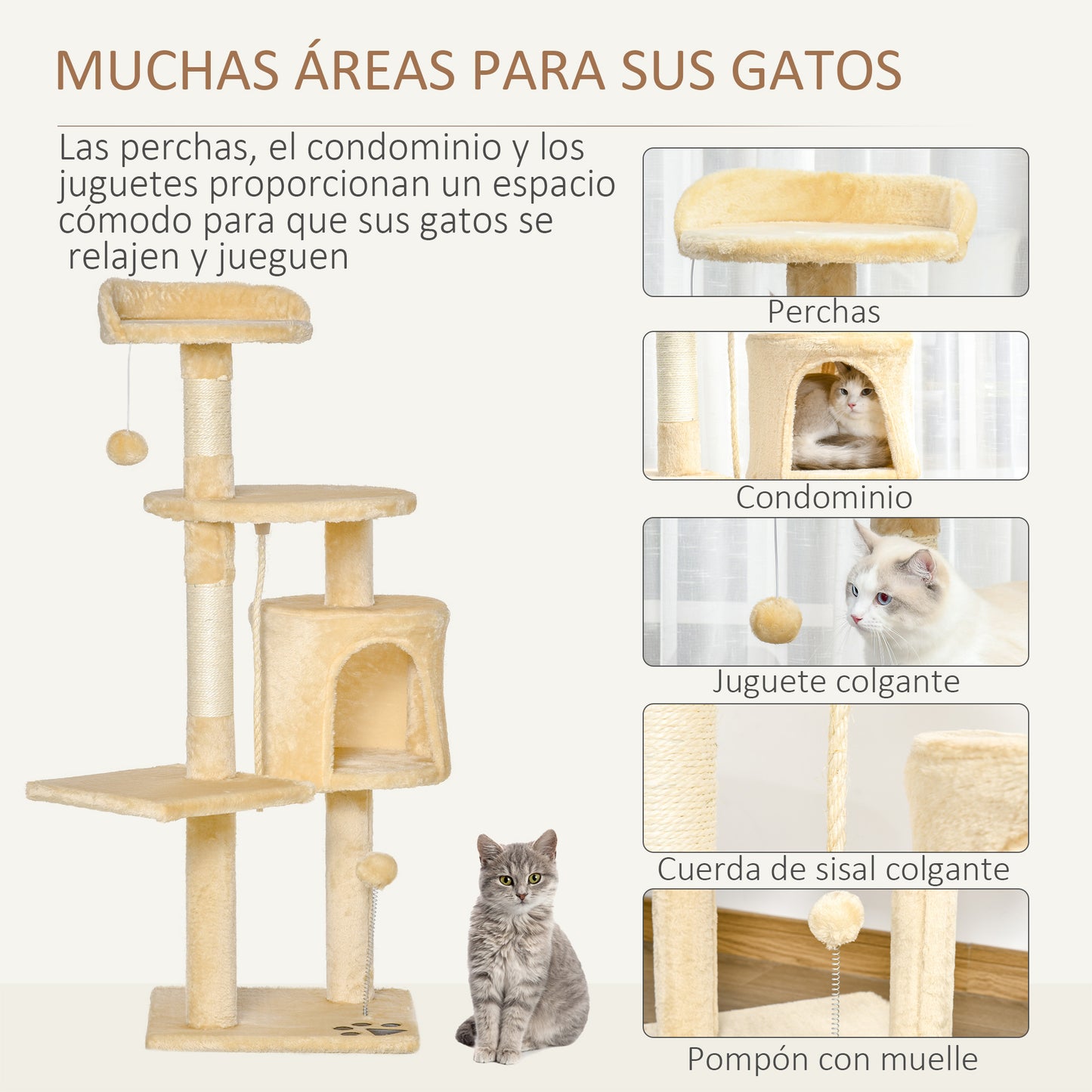 PawHut Árbol para gatos Rascador Grande con Plataformas Casetas Bolas de Juego 114cm Cubierto de Felpa Beige