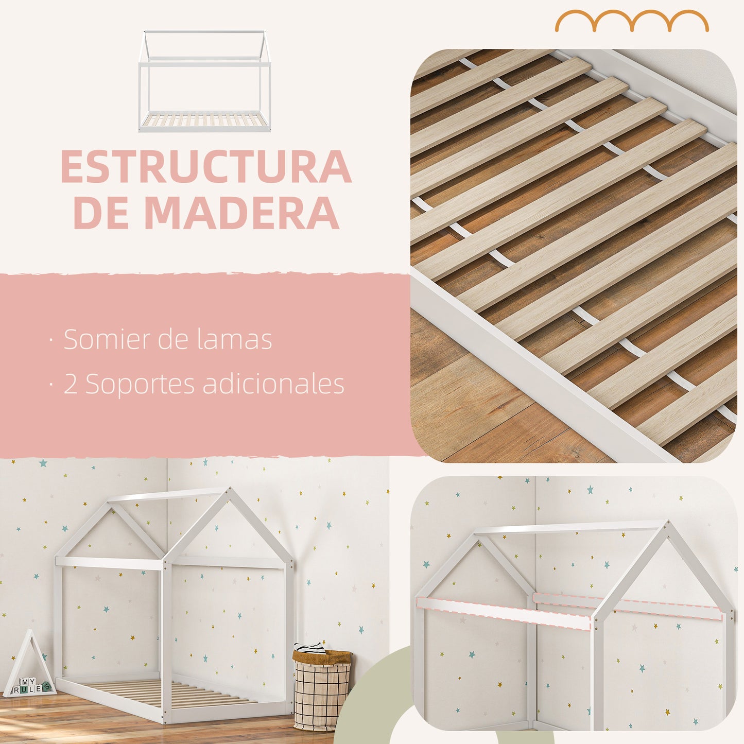 HOMCOM Cama Individual 90x190 cm Estructura de Cama Somier de Madera en Forma de Casa Carga 120 kg para Dormitorio Blanco