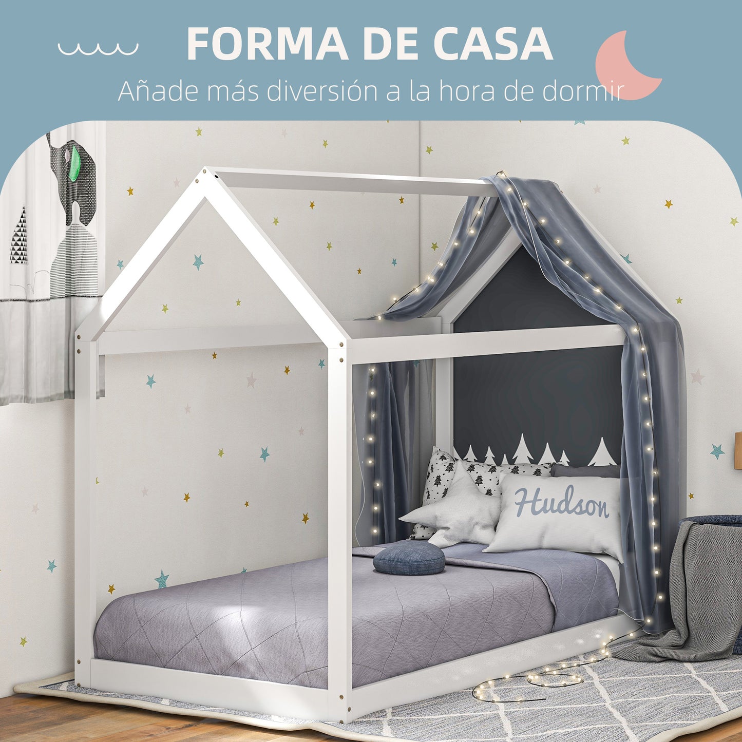 HOMCOM Cama Individual 90x190 cm Estructura de Cama Somier de Madera en Forma de Casa Carga 120 kg para Dormitorio Blanco