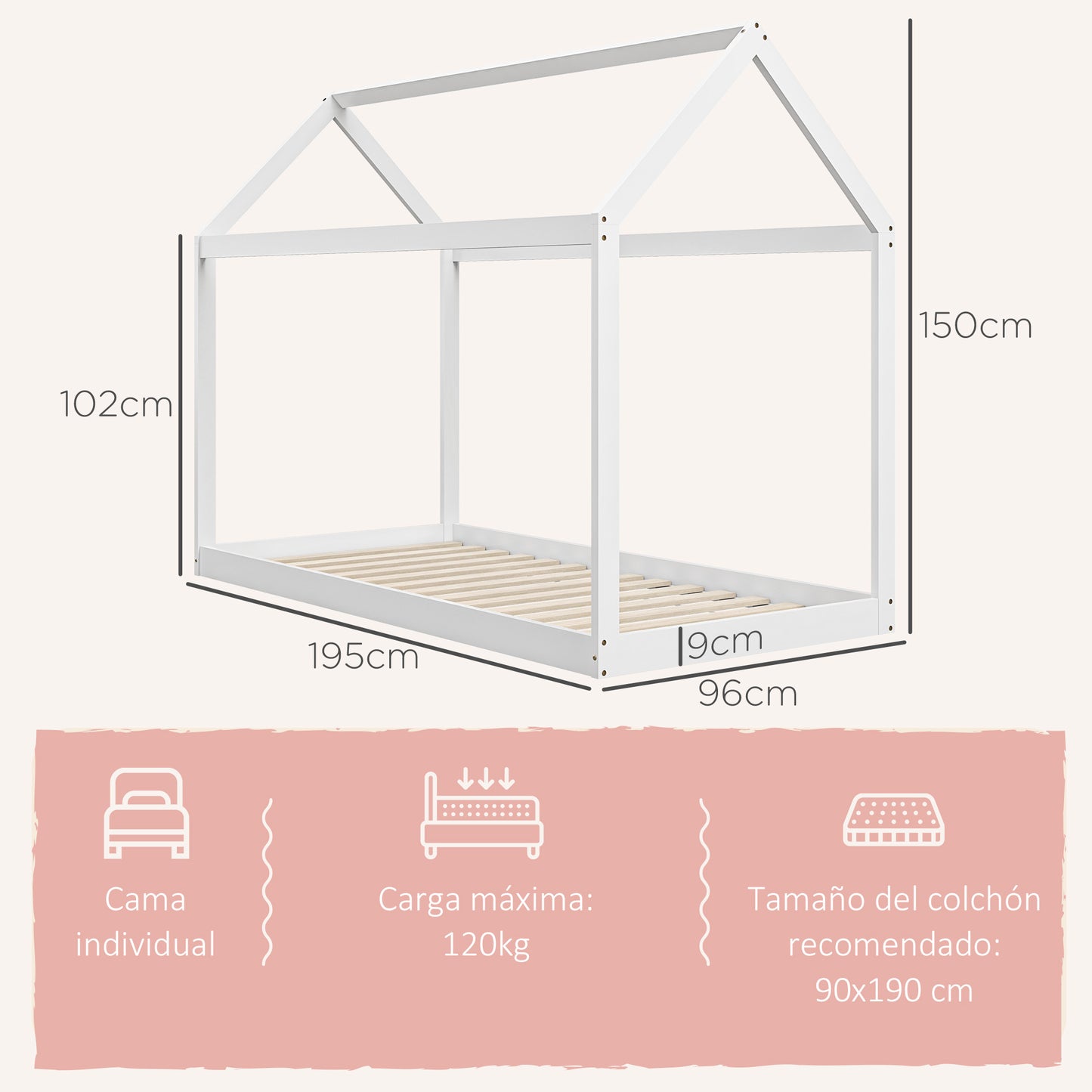 HOMCOM Cama Individual 90x190 cm Estructura de Cama Somier de Madera en Forma de Casa Carga 120 kg para Dormitorio Blanco