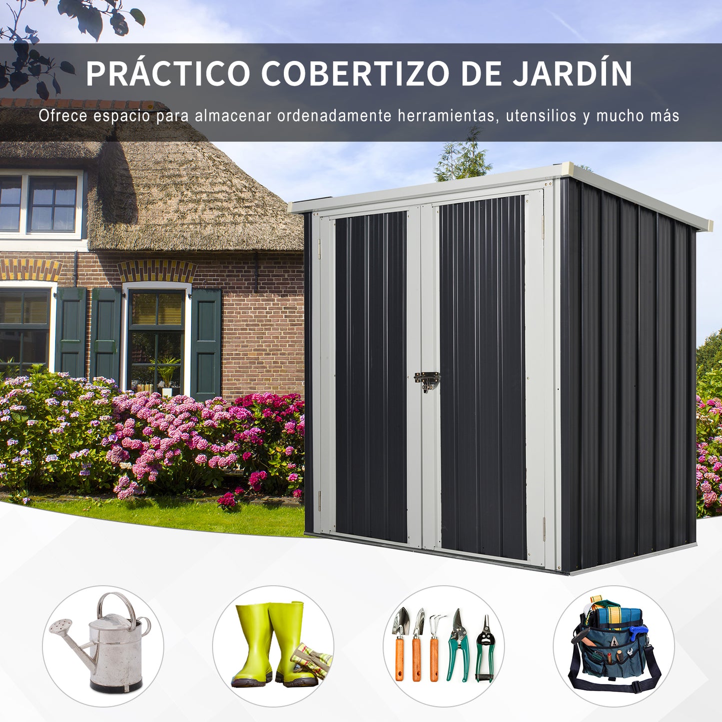 Outsunny Cobertizo de Jardín de Exterior 1,26 m² 147x86x134 cm Caseta de Exterior de Metálico con 2 Puertas y Cerradura para Almacenamiento de Herramientas en Patio Terraza Negro