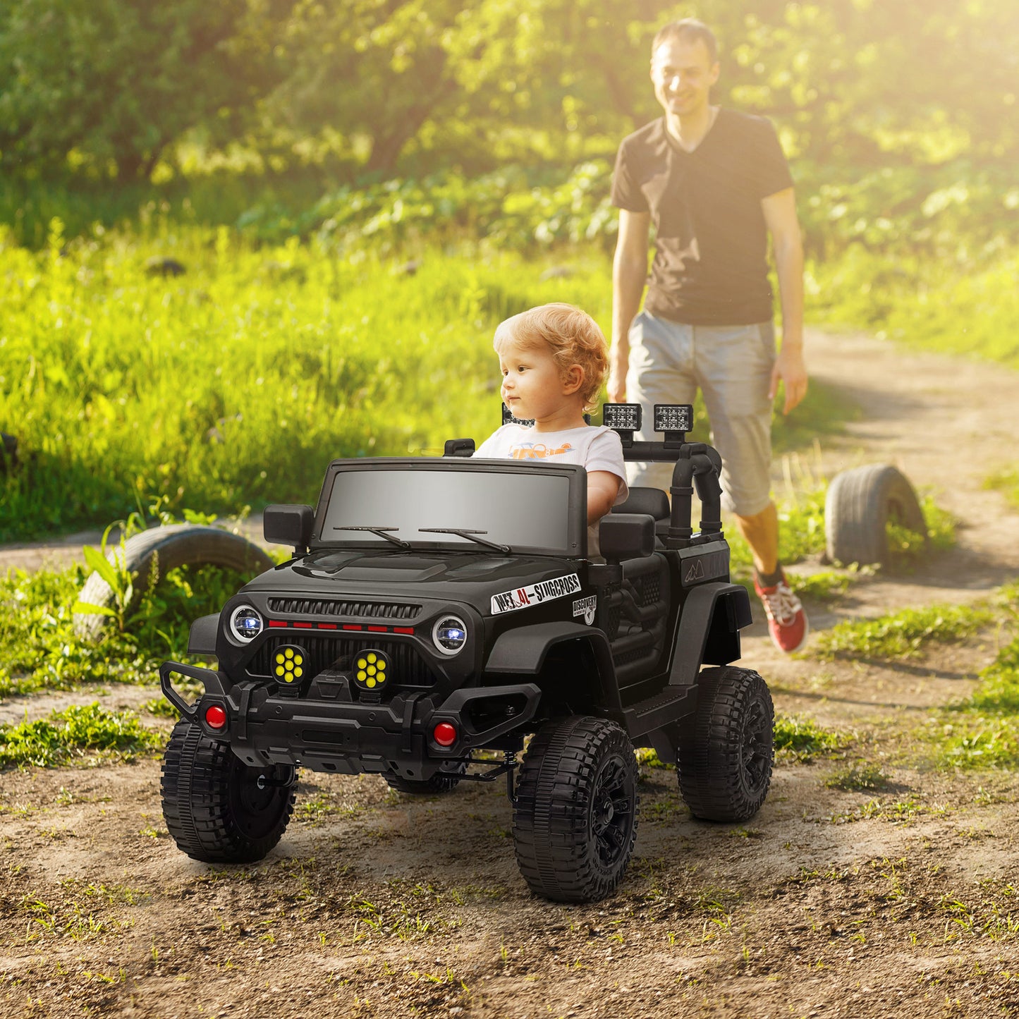 AIYAPLAY Coche Eléctrico para Niños de +3 Años Carro Eléctrico Infantil Todoterreno de Batería 12V con Mando a Distancia Bluetooth Faros LED Bocina Música Negro