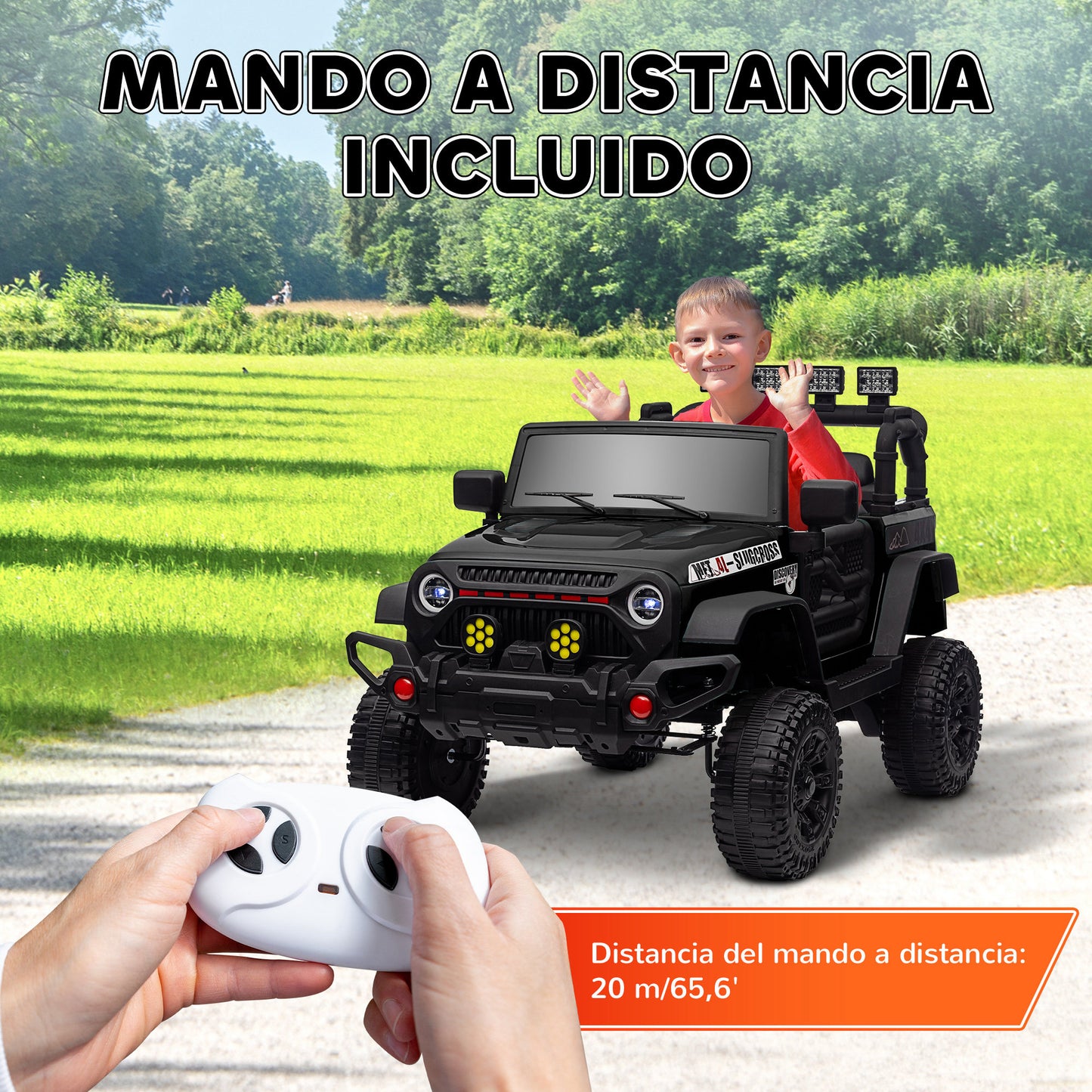 AIYAPLAY Coche Eléctrico para Niños de +3 Años Carro Eléctrico Infantil Todoterreno de Batería 12V con Mando a Distancia Bluetooth Faros LED Bocina Música Negro