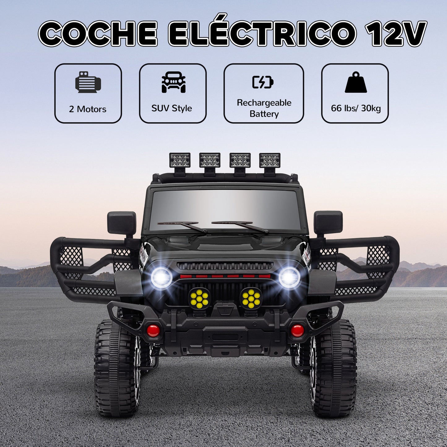 AIYAPLAY Coche Eléctrico para Niños de +3 Años Carro Eléctrico Infantil Todoterreno de Batería 12V con Mando a Distancia Bluetooth Faros LED Bocina Música Negro