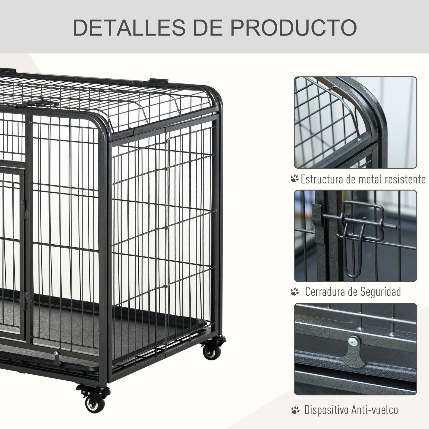 PawHut Jaula de Metal para Perros Plegable con Ruedas y Frenos Bandeja Extraíble y Puerta con Pestillos para Golden Retriver Labrador 109,5x71x78 cm Gris Oscuro