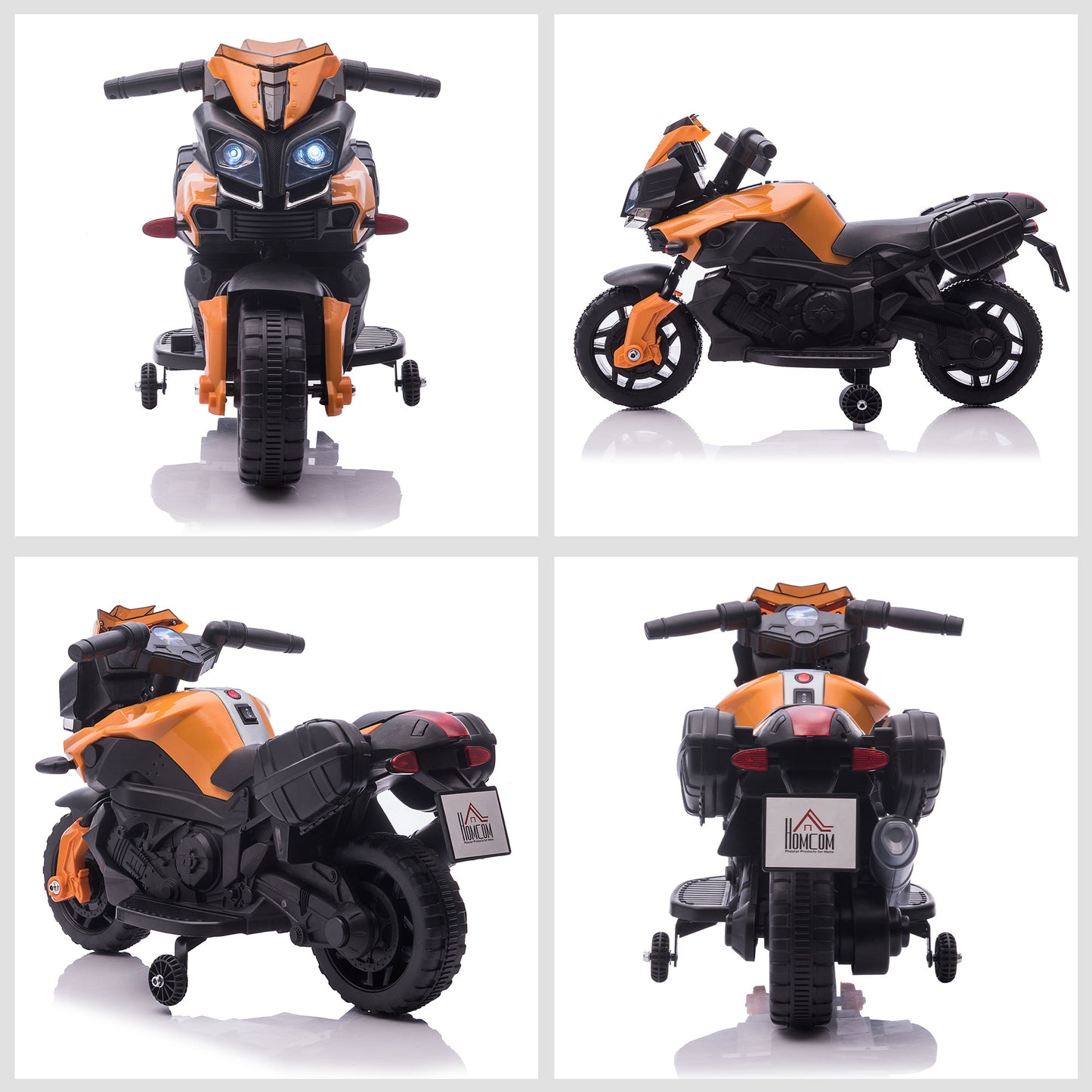 HOMCOM Moto Eléctrica para Niños de 18-48 Meses Motocicleta de Batería 6V con Faros Bocina 2 Ruedas de Equilibrio y Velocidad 3 km/h Carga 25 kg 88,5x42,5x49 cm Naranja