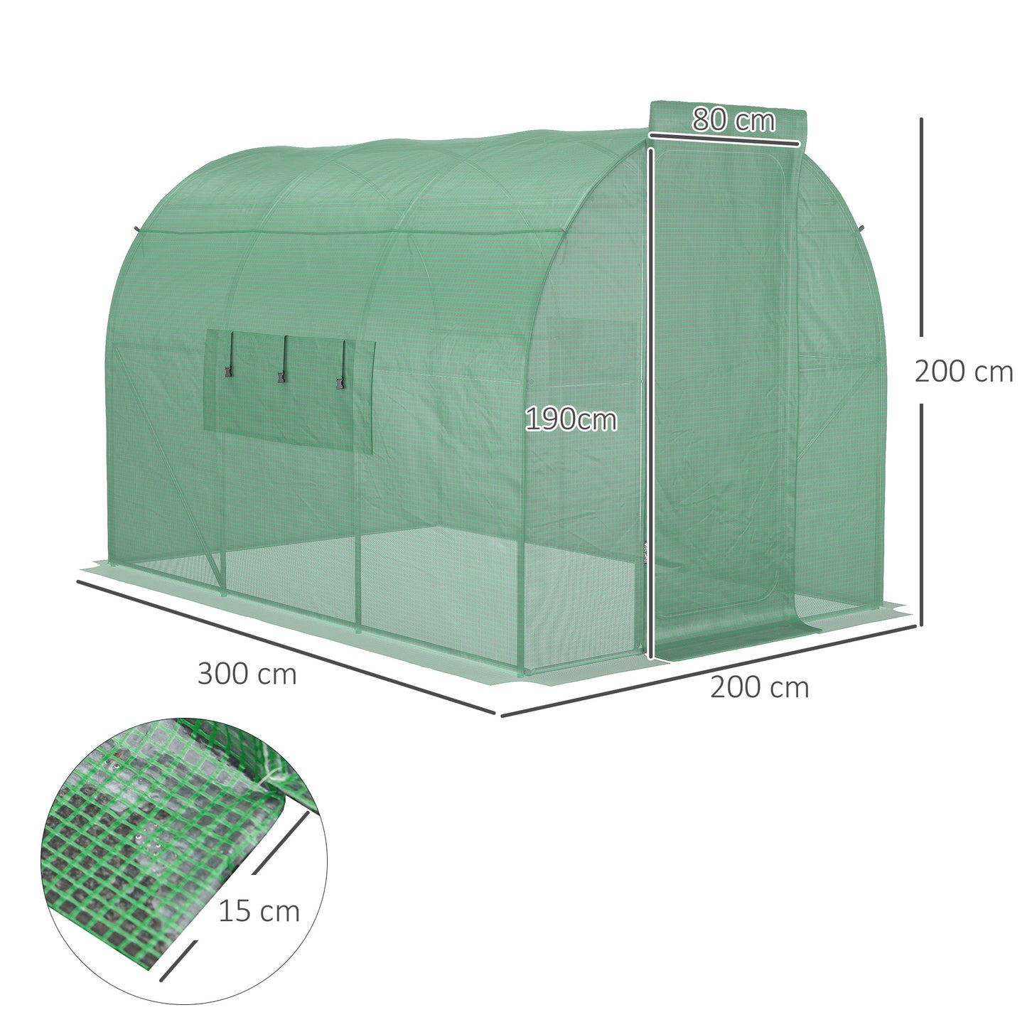 Outsunny Invernadero de Túnel 3x2x2 m con Puerta y Ventanas Función de Drenaje Invernadero de Jardín Grande con Cubierta de PE 140 g/㎡ y Metal Galvanizado para Cultivos Plantas Verduras Verde