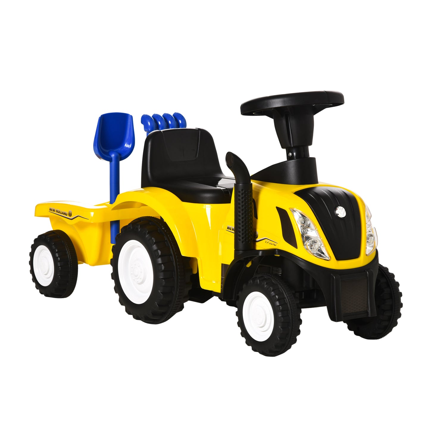 HOMCOM Tractor sin Pedales para Niños de 12-36 Meses con Remolque Extraíble Coche Correpasillos con Bocina Faros Pala Asiento de Suelo 25 cm y Rastrillo Carga 25 kg 91x29x44 cm Amarillo