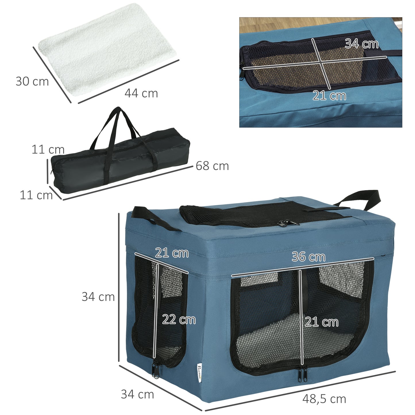 PawHut Transportín Mochila para Perros y Gatos Bolsa para Mascotas Transportador para Perros con 3 Puertas y Cojín Suave 48,5x34x34 cm Azul