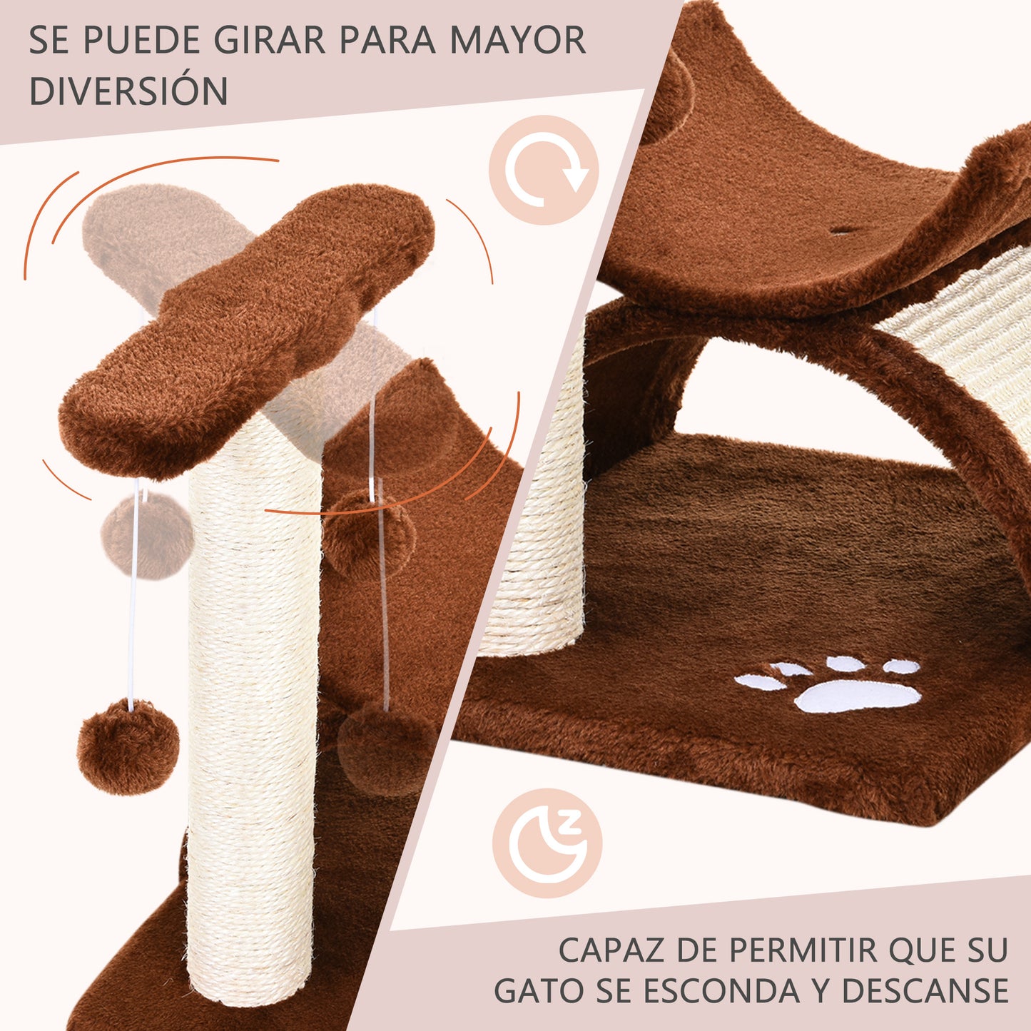 PawHut Rascador para Gatos Árbol Rascador Centro de Actividad Poste Giratorio con Bolas de Juego Plataforma Caseta 40x30x43cm Sisal Natural