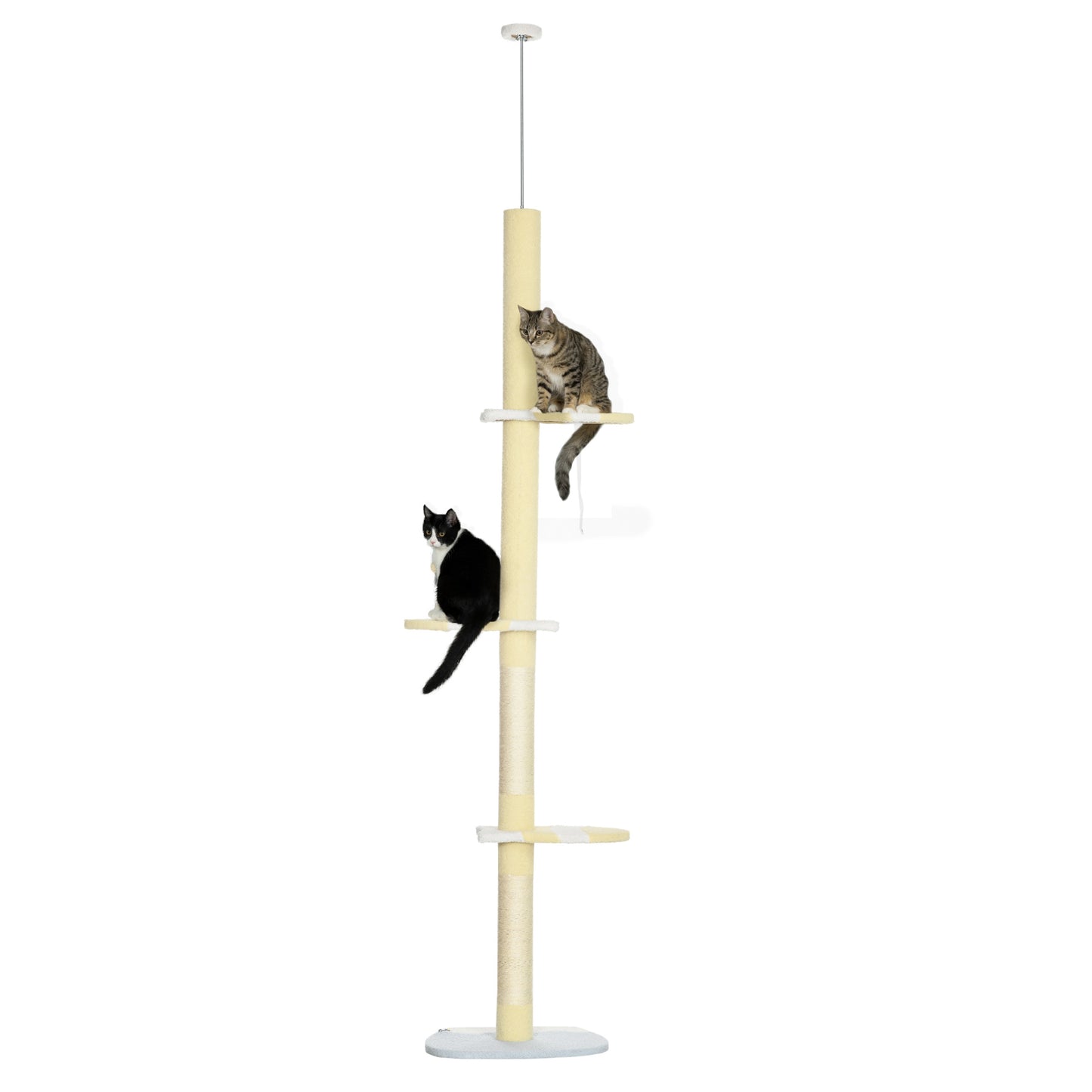 PawHut Árbol para Gatos del Suelo al Techo 220-260 cm Altura Ajustable Torre para Gatos con 3 Plataformas Poste Escalador de Sisal y Bola para Jugar 47x34x220-260 cm Amarillo