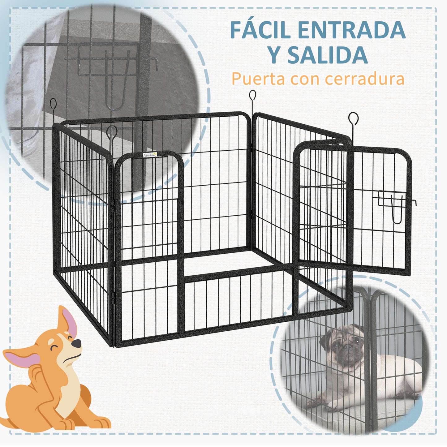 PawHut Parque para Perros de 4 Paneles 82x82x60 cm Parque de Juegos para Mascotas Plegable con Puerta de Pestillo y Marco de Metal para Interior y Exterior Gris