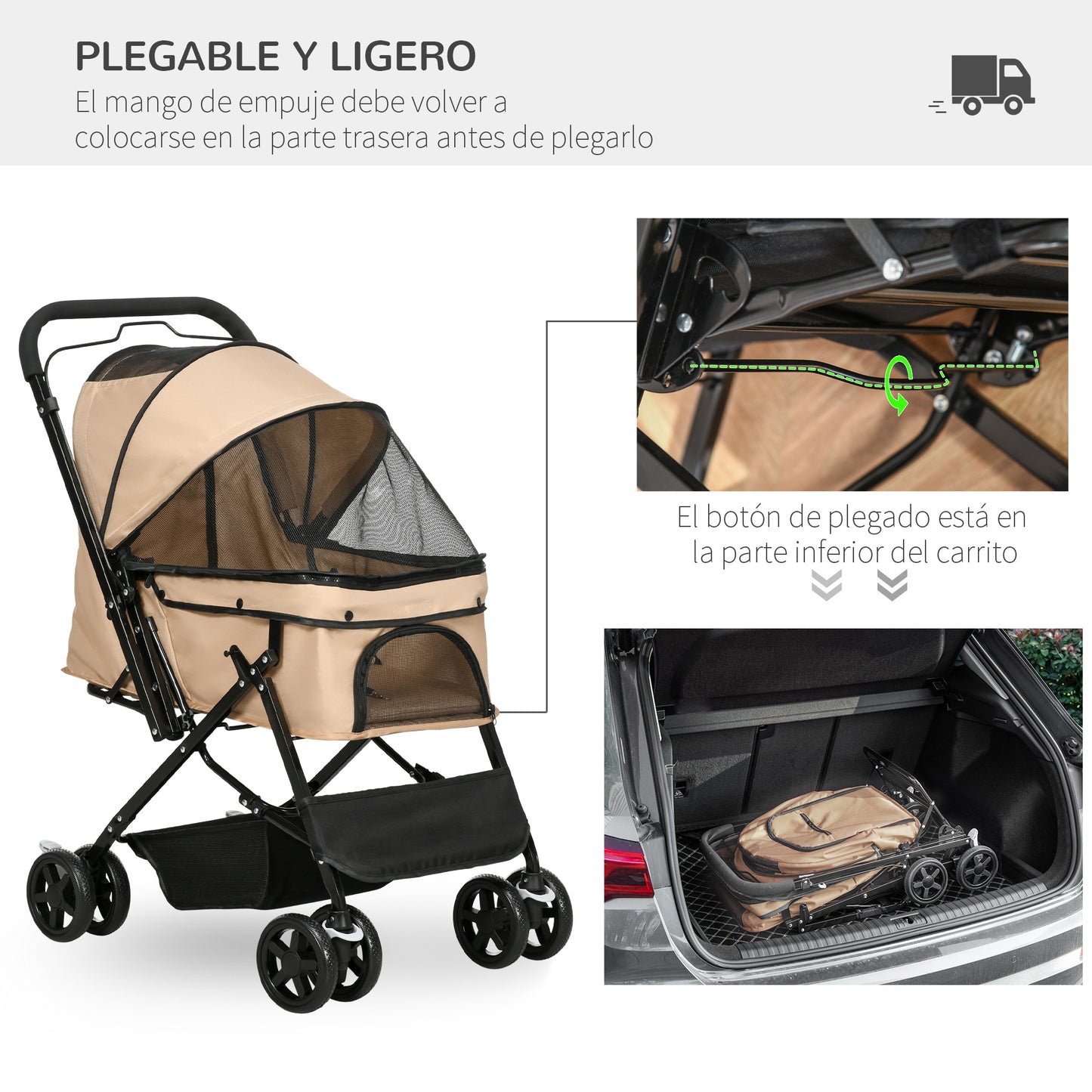 PawHut Carrito para Perros Plegable Cochecito para Perros Pequeños Cochecito para Mascotas con Mango Reversible Ventana de Malla Cesta de Almacenamiento y Cuerda de Seguridad 76,5x52x95 cm Marrón