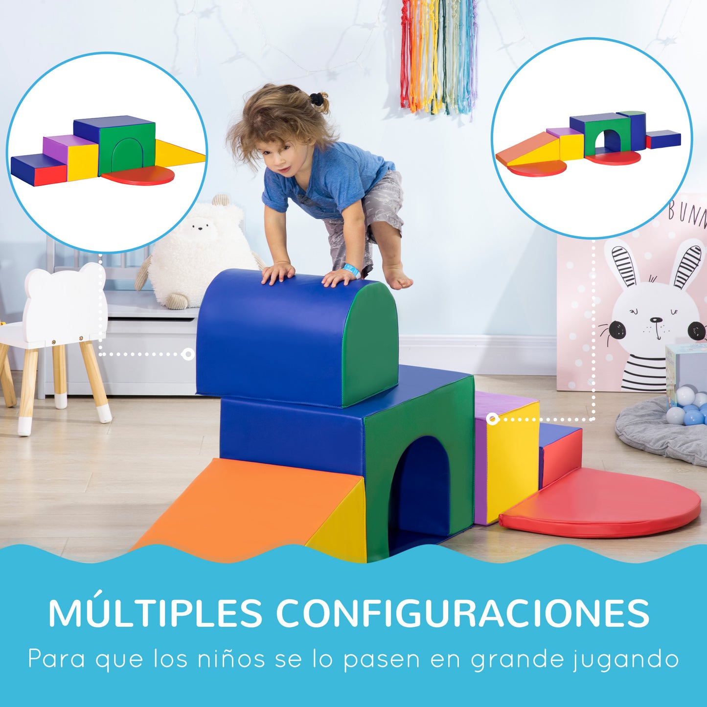 HOMCOM Juego de 7 Bloques Psicomotricidad para Niños Bloques de Construcción Figuras de Construcción Juguete para Aprendizaje para Escalar y Gatear Multicolor