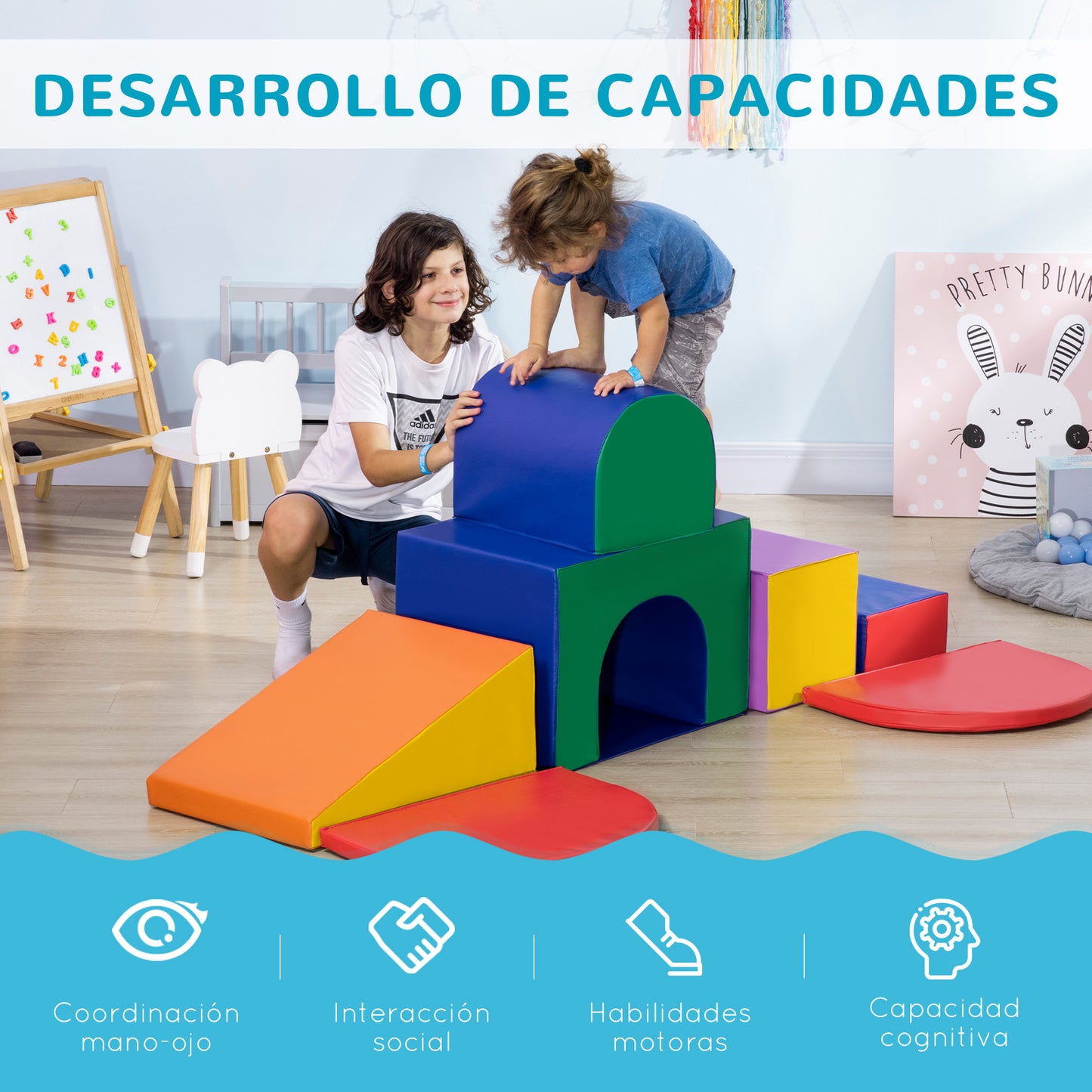 HOMCOM Juego de 7 Bloques Psicomotricidad para Niños Bloques de Construcción Figuras de Construcción Juguete para Aprendizaje para Escalar y Gatear Multicolor