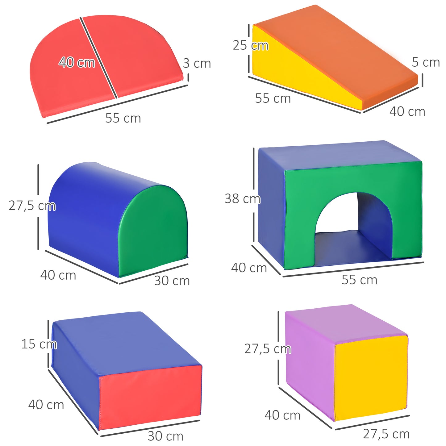 HOMCOM Juego de 7 Bloques Psicomotricidad para Niños Bloques de Construcción Figuras de Construcción Juguete para Aprendizaje para Escalar y Gatear Multicolor