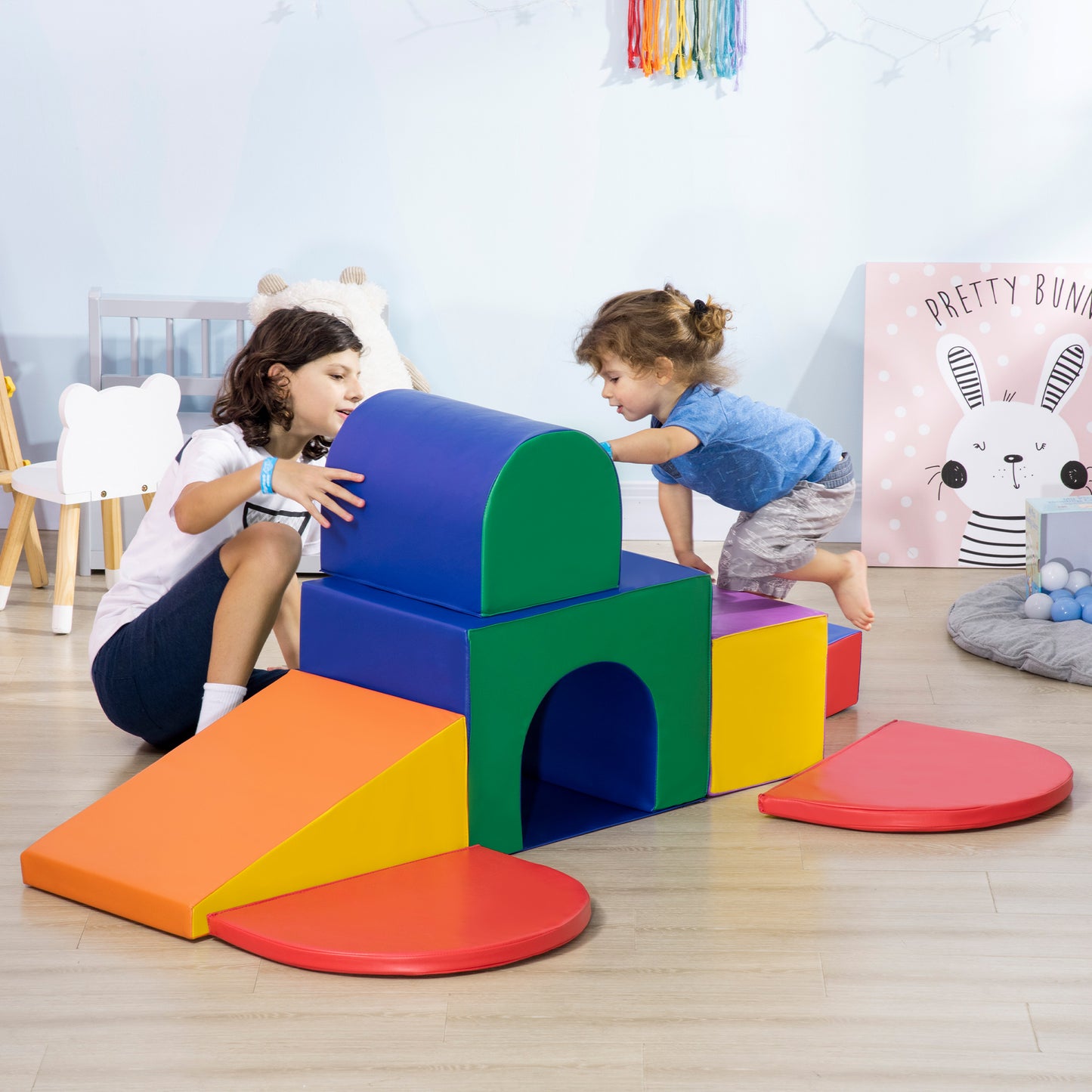 HOMCOM Juego de 7 Bloques Psicomotricidad para Niños Bloques de Construcción Figuras de Construcción Juguete para Aprendizaje para Escalar y Gatear Multicolor