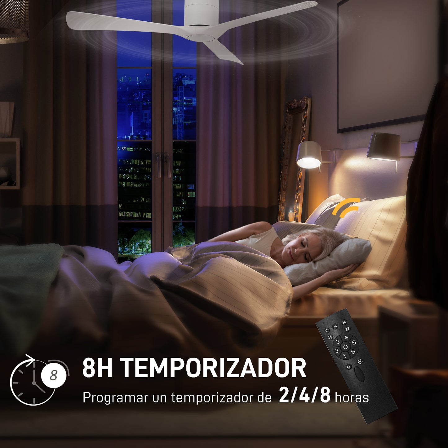 HOMCOM Ventilador de Techo 29W con Motor Reversible Mando a Distancia Ventilador Silencioso Ø132 cm con 3 Aspas Reversibles 6 Velocidades Temporizador para Dormitorio Sala de Estar Blanco