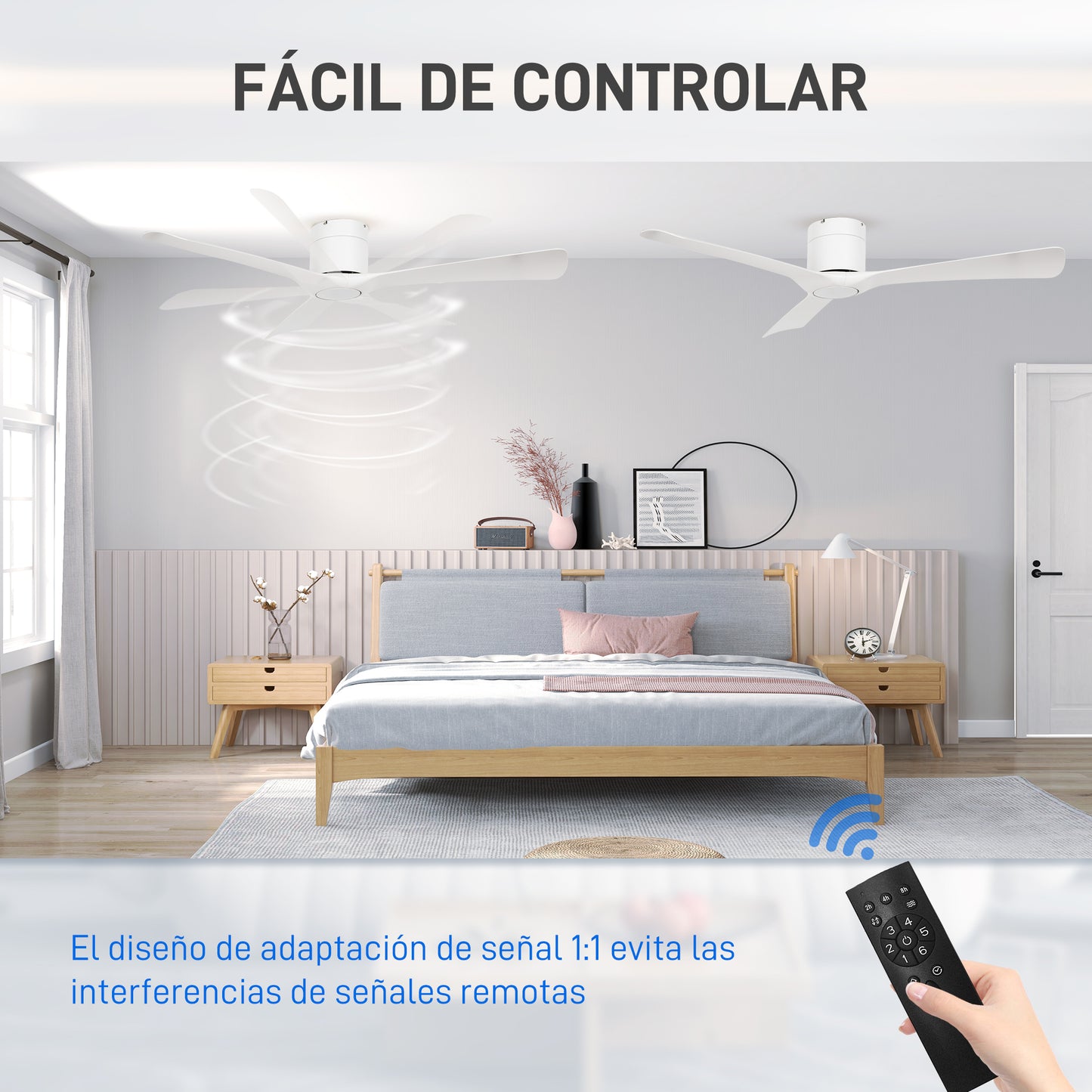 HOMCOM Ventilador de Techo 29W con Motor Reversible Mando a Distancia Ventilador Silencioso Ø132 cm con 3 Aspas Reversibles 6 Velocidades Temporizador para Dormitorio Sala de Estar Blanco