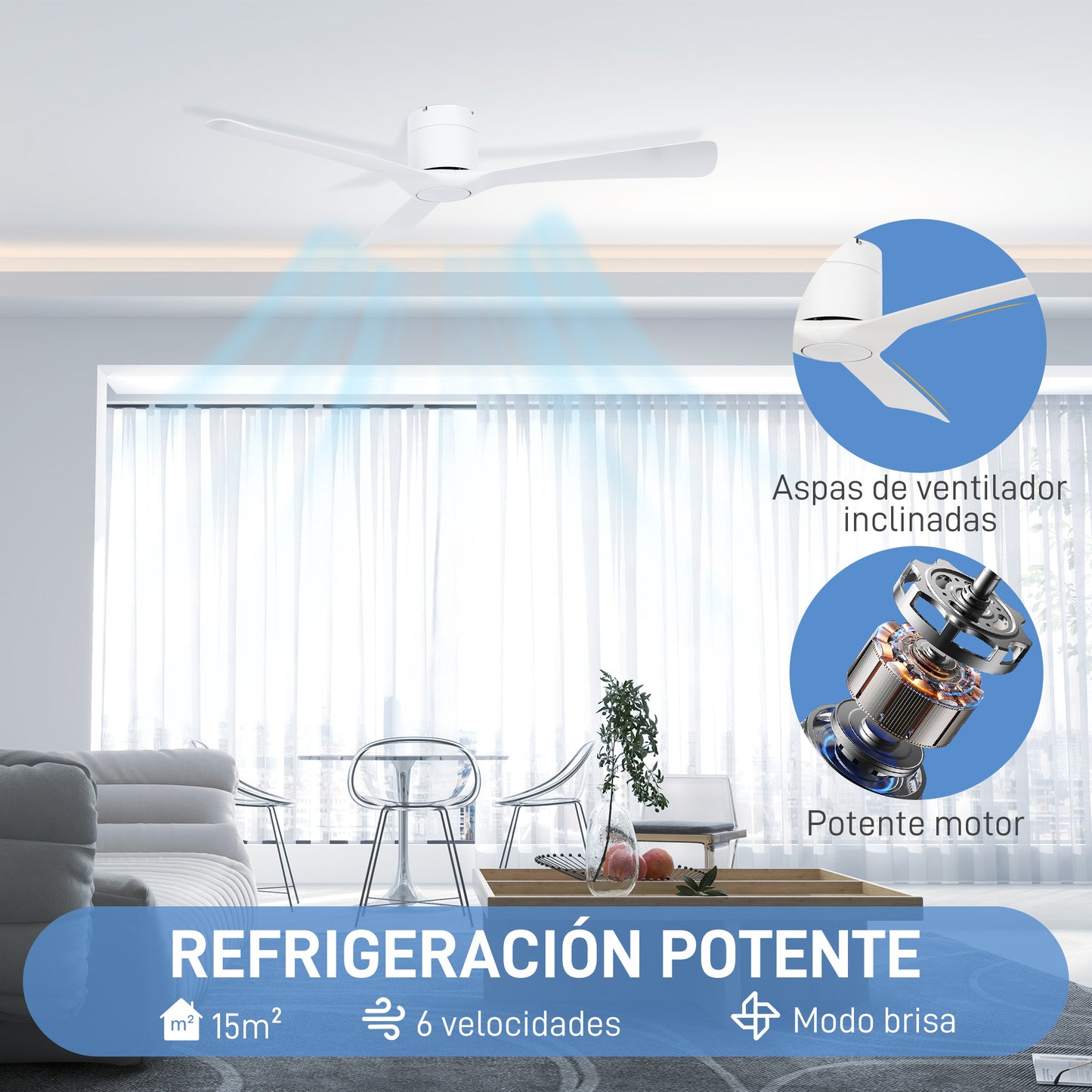 HOMCOM Ventilador de Techo 29W con Motor Reversible Mando a Distancia Ventilador Silencioso Ø132 cm con 3 Aspas Reversibles 6 Velocidades Temporizador para Dormitorio Sala de Estar Blanco