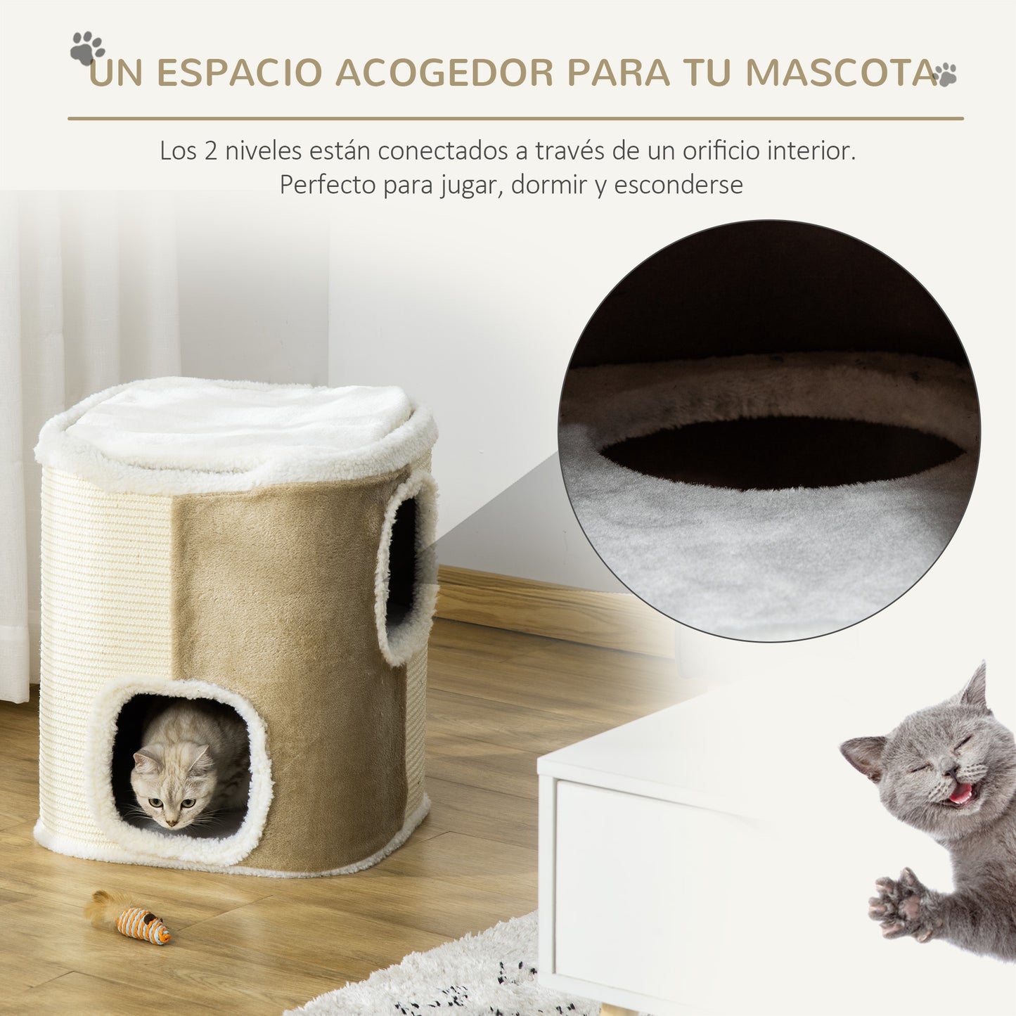 PawHut Barril Rascador para Gatos de 2 Niveles con Cuevas de Sisal Felpa Suave y Plataforma de Vellón 40x40x49 cm Beige