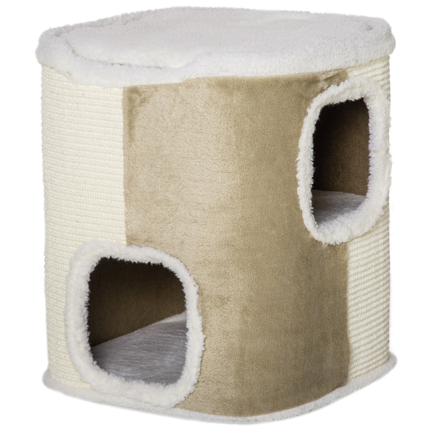 PawHut Barril Rascador para Gatos de 2 Niveles con Cuevas de Sisal Felpa Suave y Plataforma de Vellón 40x40x49 cm Beige