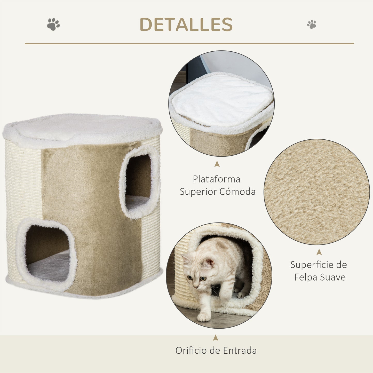 PawHut Barril Rascador para Gatos de 2 Niveles con Cuevas de Sisal Felpa Suave y Plataforma de Vellón 40x40x49 cm Beige