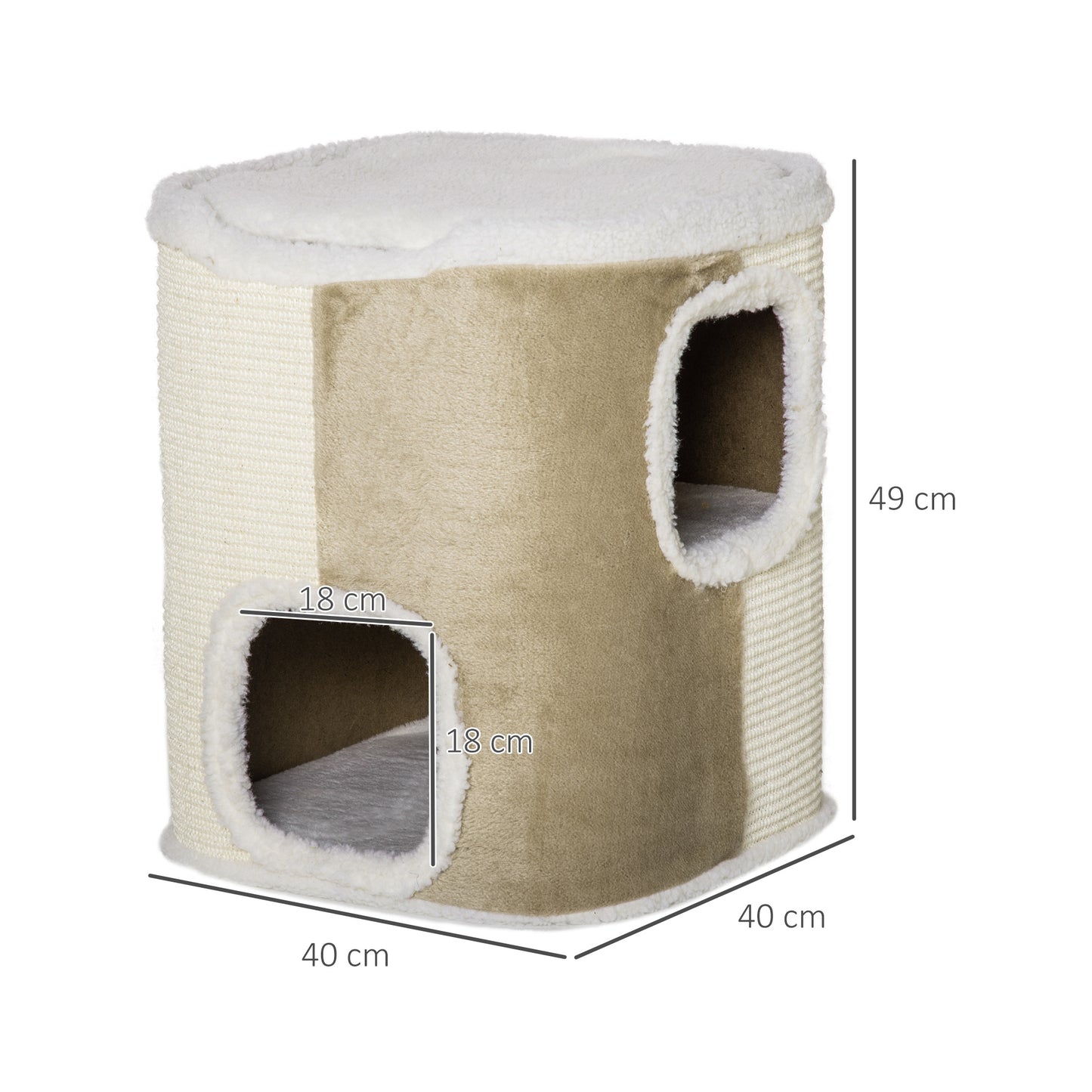 PawHut Barril Rascador para Gatos de 2 Niveles con Cuevas de Sisal Felpa Suave y Plataforma de Vellón 40x40x49 cm Beige