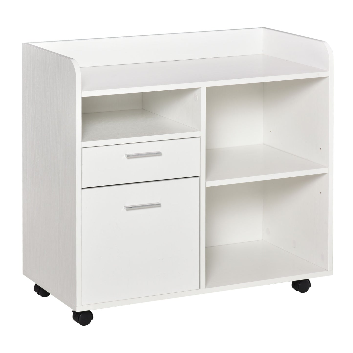 Vinsetto Mueble de Impresora Carro Multifuncional de Oficina con 3 Compartimentos 2 Cajones para Archivos Estante Ajustable Ruedas con 2 Frenos 80x40x72 cm Blanco