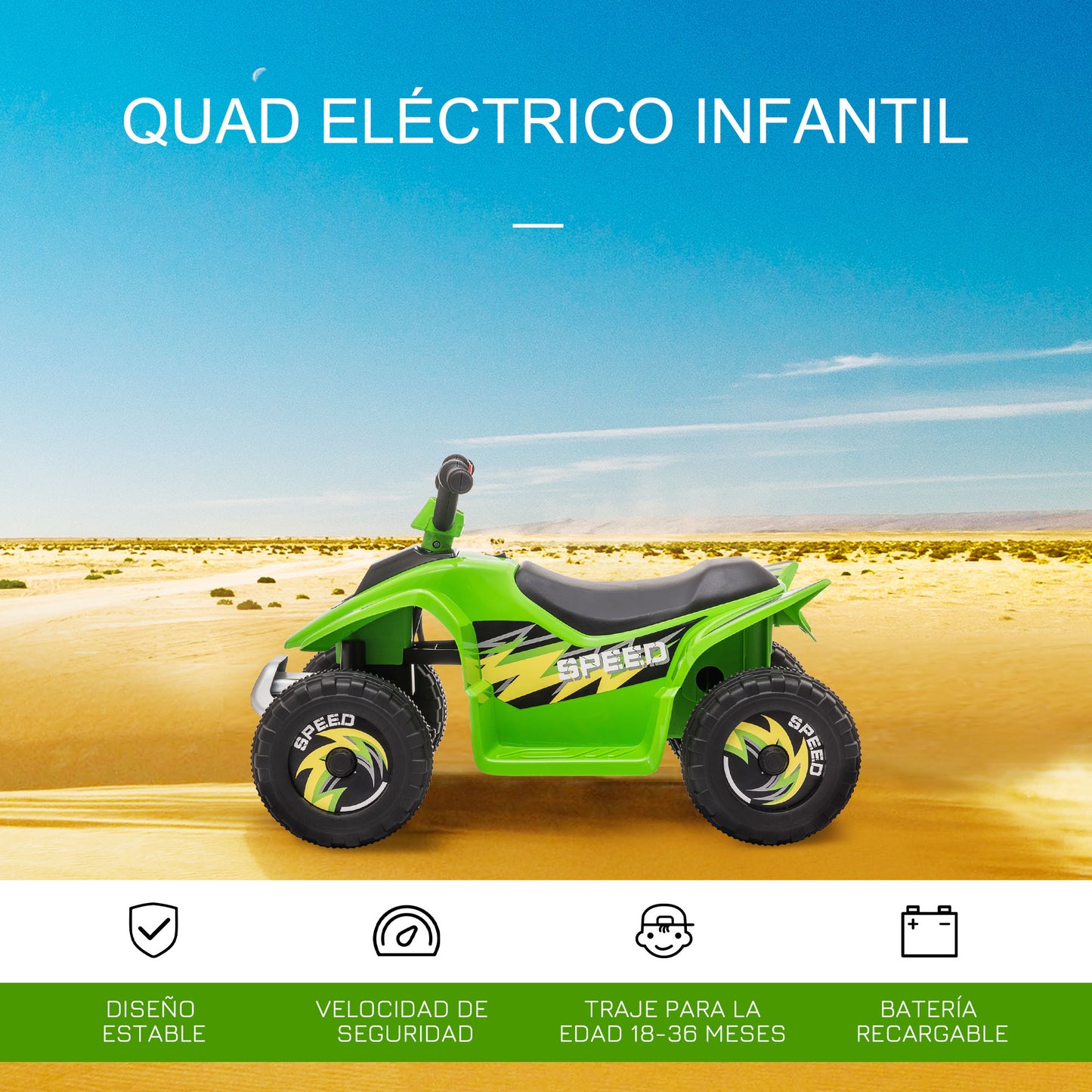 HOMCOM Quad Eléctrico para Niños de 18-36 Meses Vehículo Eléctrico Cuatrimoto a Batería 6V con Avance y Retroceso Carga Máx. 20 kg 72x40x45,5 cm Verde