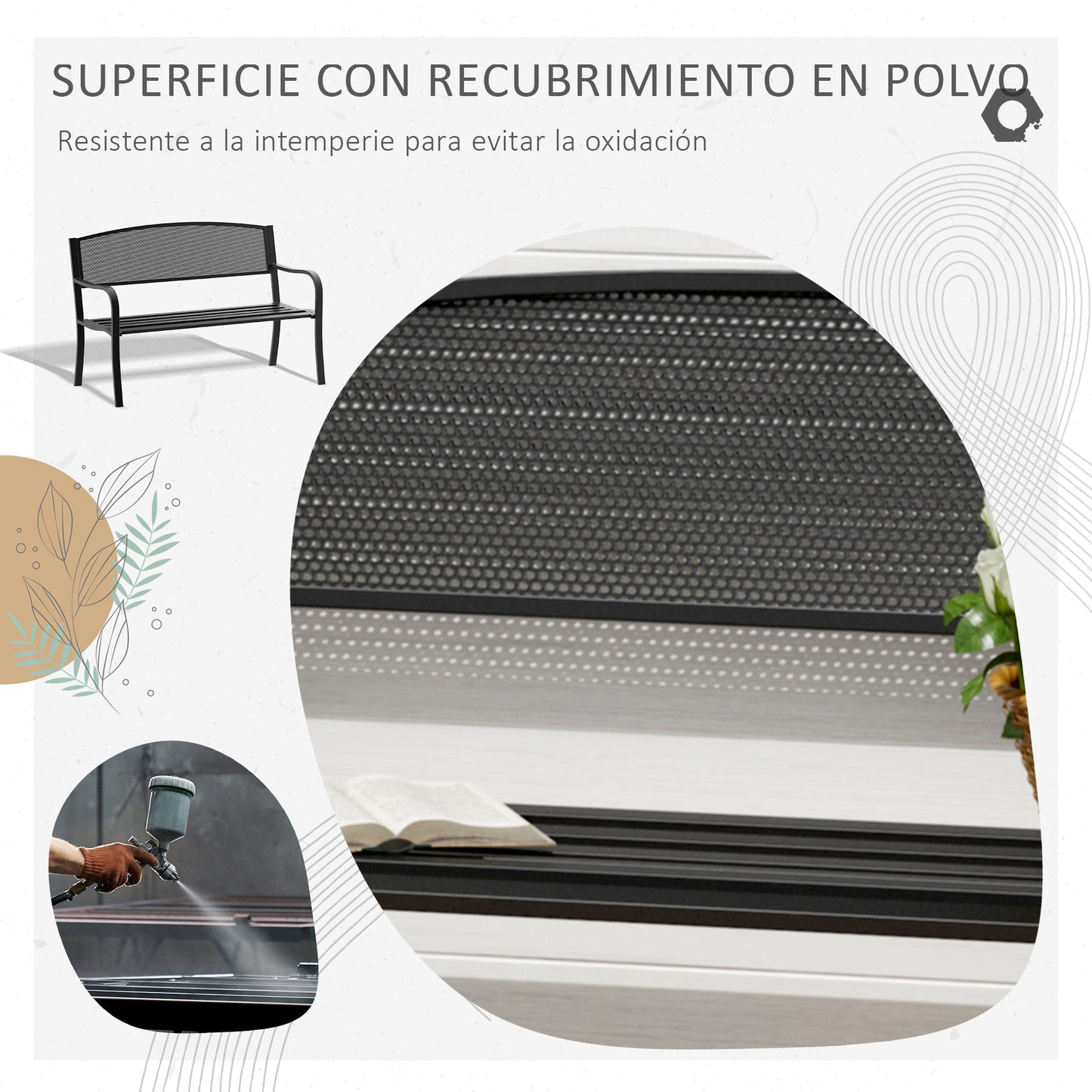 Outsunny Banco de Jardín de 2 Plazas Banco Exterior con Respaldo de Malla de Acero Carga 240 kg para Patio Terraza Balcón 127x60x87 cm Negro