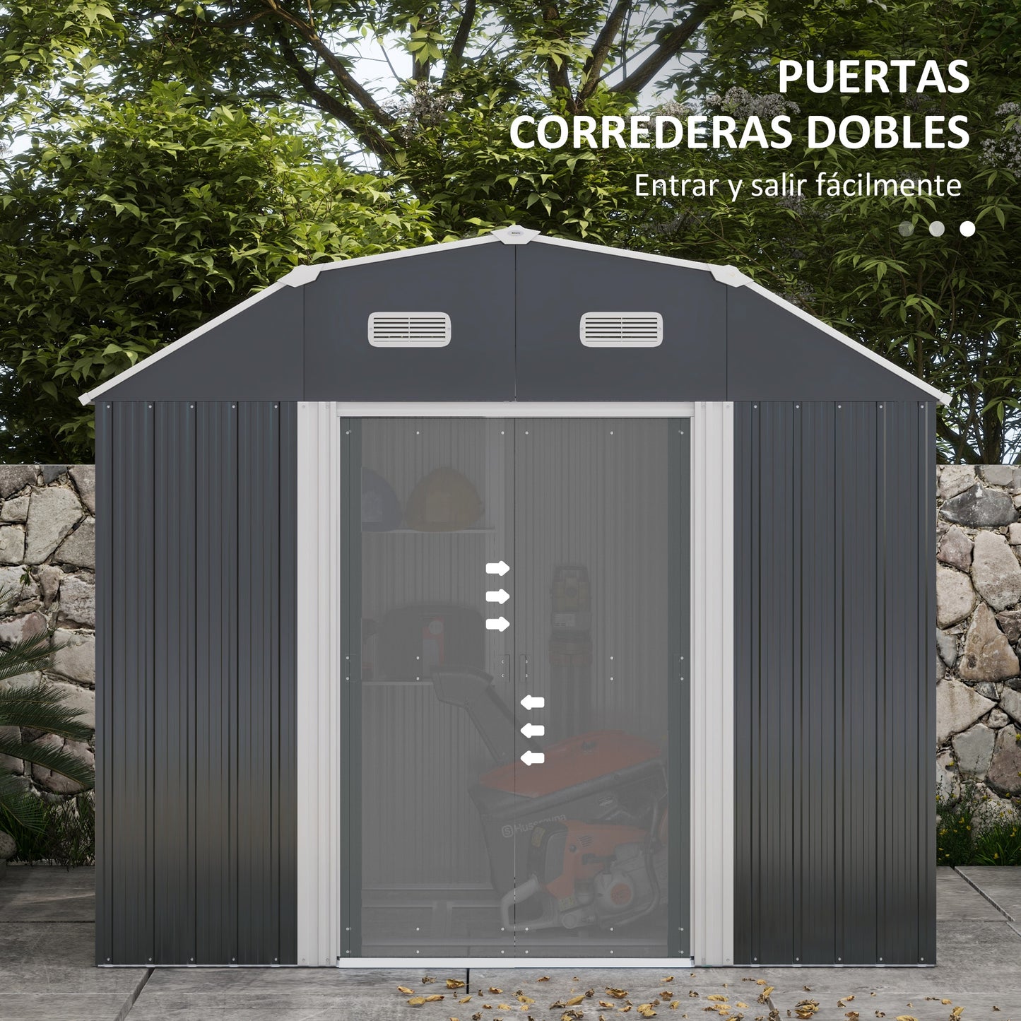 Outsunny Cobertizo de Jardín Exterior 2,7 m² 238x132x198,5 cm Caseta de Exterior Metálica con Base Estantes Ajustables 2 Puertas Corredizas y 2 Ventanas Gris Oscuro