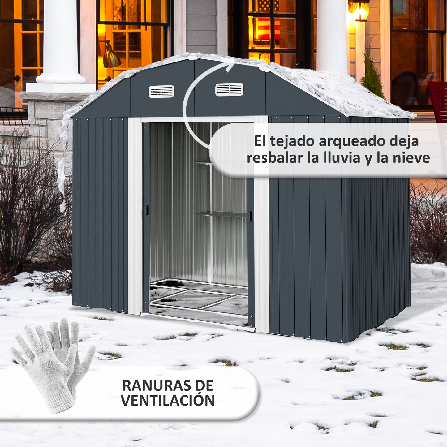 Outsunny Cobertizo de Jardín Exterior 2,7 m² 238x132x198,5 cm Caseta de Exterior Metálica con Base Estantes Ajustables 2 Puertas Corredizas y 2 Ventanas Gris Oscuro