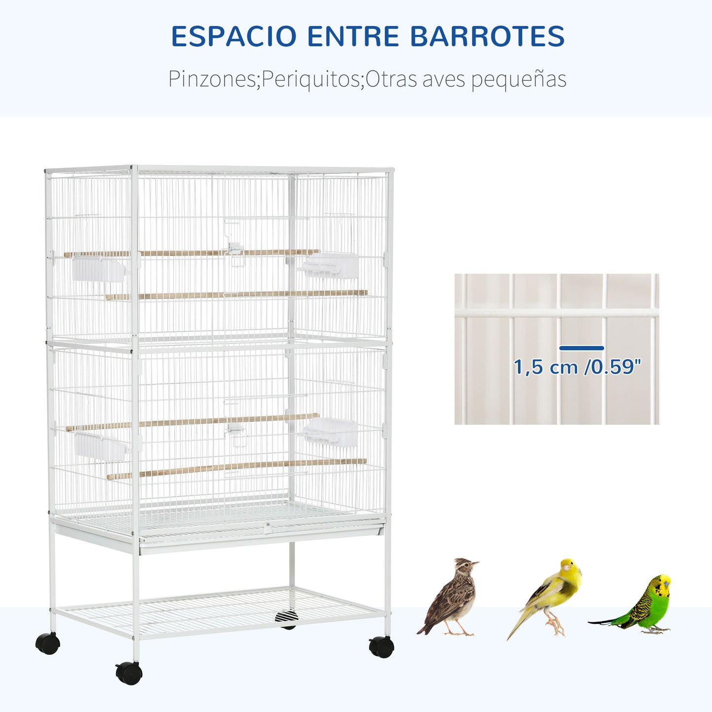 PawHut Jaula para Pájaros con Ruedas Pajarera Metálica con Bandeja Extraíble 4 Puertas 4 Comederos 4 Perchas y Estante de Almacenaje Jaula para Canarios Periquitos 78x52x132 cm Blanco