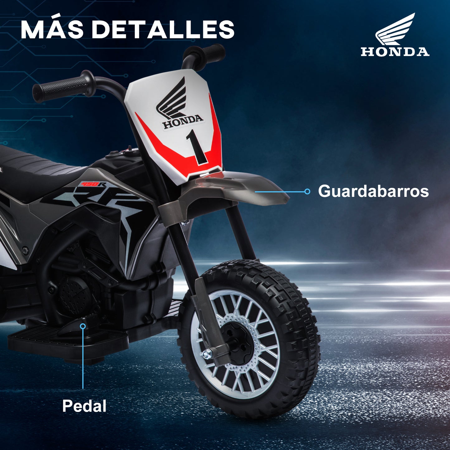 HOMCOM Moto Eléctrica con Licencia Honda CRF450RL para Niños de +18 Meses Motocicleta de Batería 6V con Velocidad 3 km/h Bocina y Sonido de Arranque Carga 25 kg 71x40,5x43,5 cm Gris